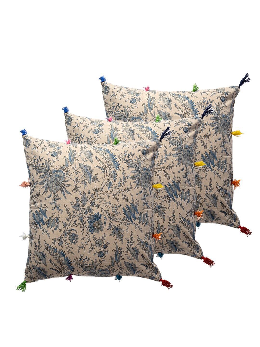 

Contrast Living Blue & Beige 3 Pieces Floral Square Cotton Cushion Covers