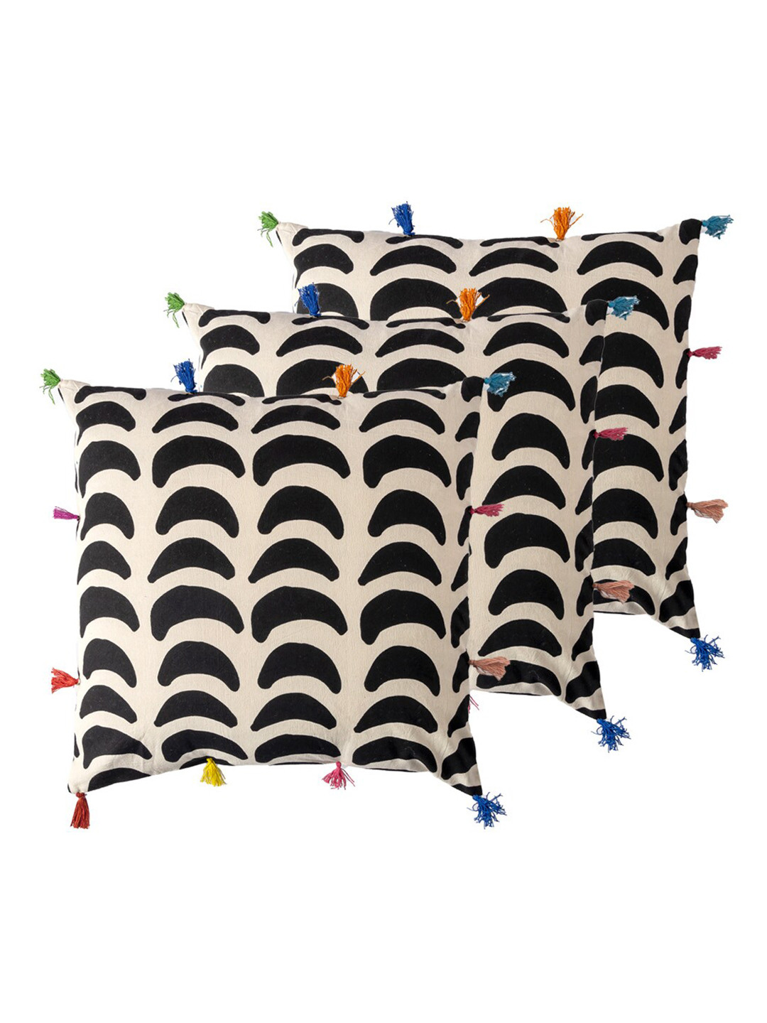 

Contrast Living Black & Cream-Coloured 3 Pieces Printed Square Cotton Cushion Covers