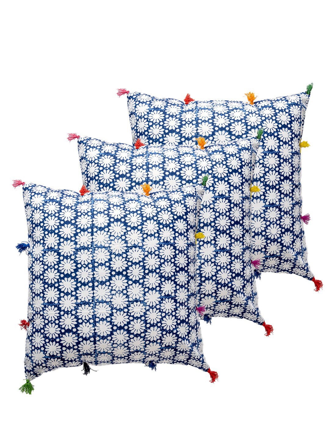 

Contrast Living Blue & White 3 Pieces Floral Square Cotton Cushion Covers