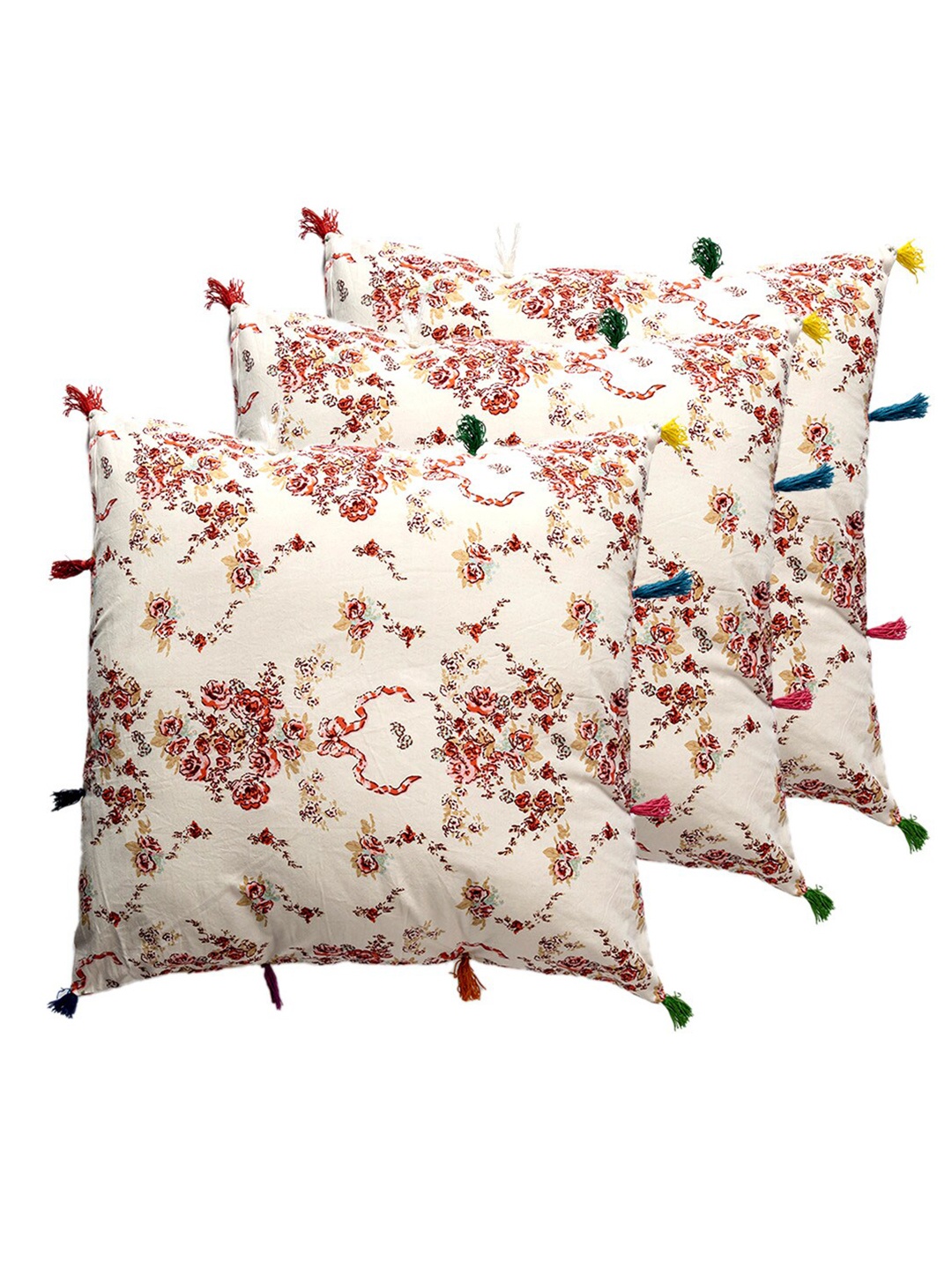 

Contrast Living White & Red 3 Pieces Ethnic Motifs Square Cotton Cushion Covers