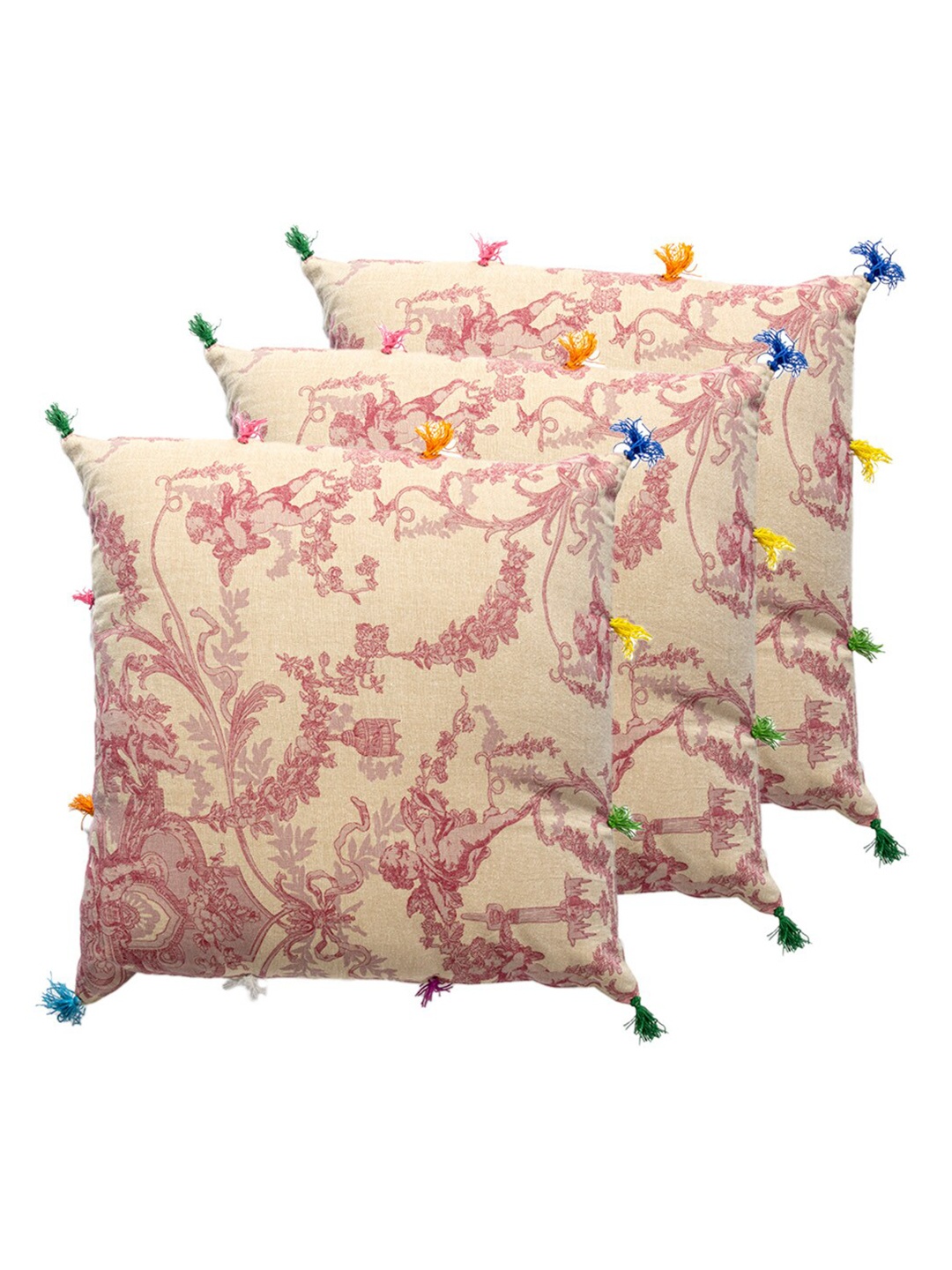 

Contrast Living Beige & Maroon 3 Pieces Ethnic Motifs Square Cotton Cushion Covers