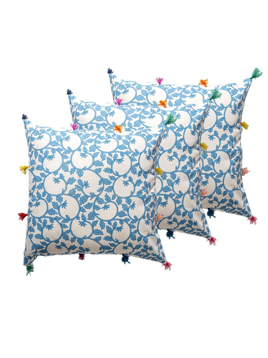 

Contrast Living White & Blue 3 Pieces Floral Square Cotton Cushion Covers