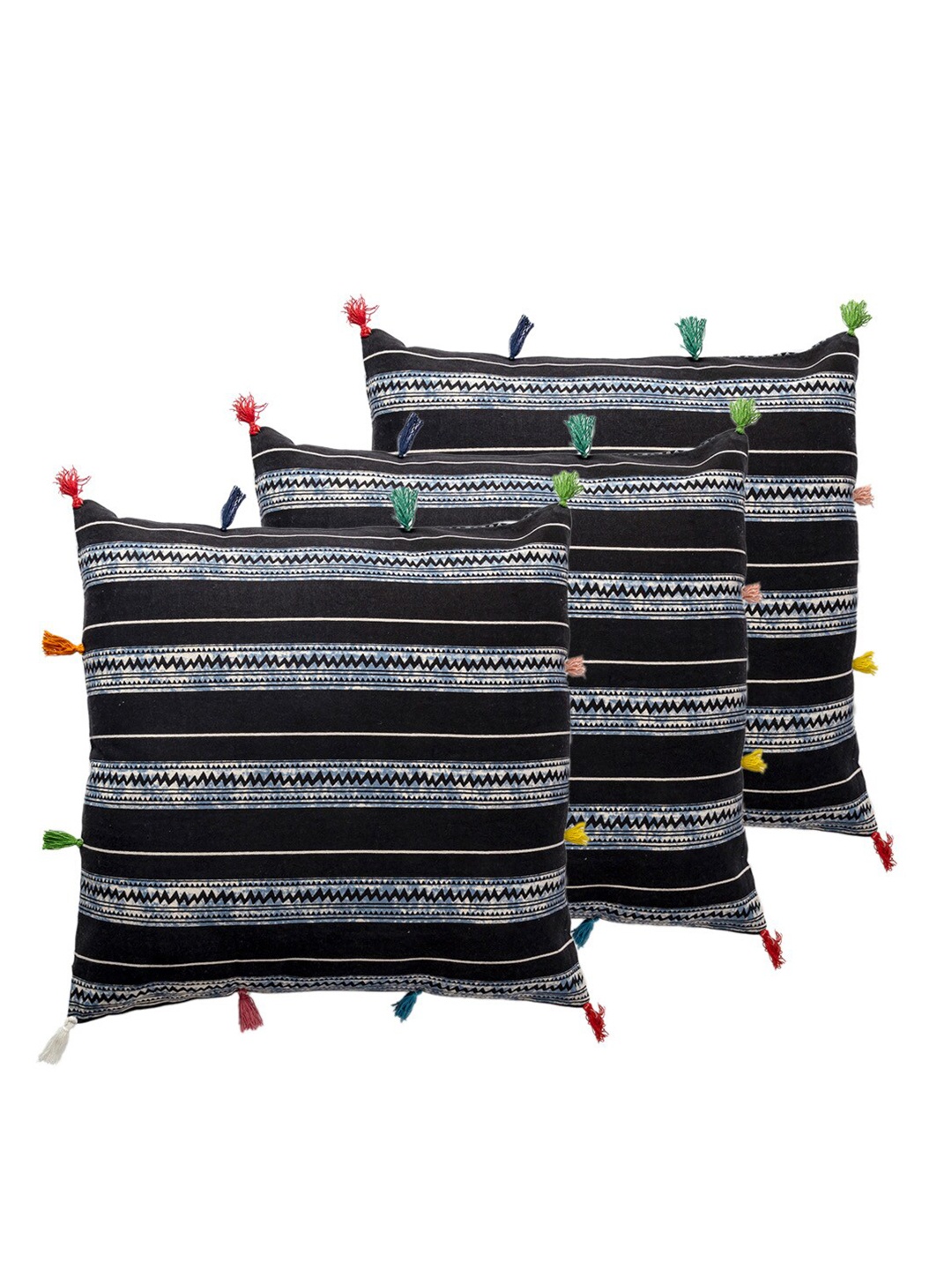 

Contrast Living Black & Blue 3 Pieces Striped Cotton Square Cushion Covers