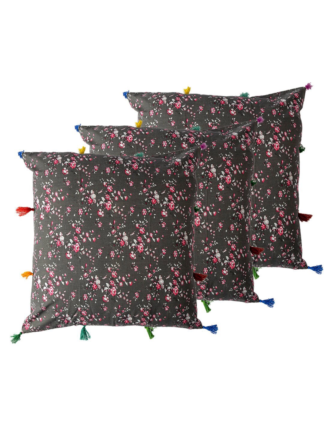 

Contrast Living Grey & Pink 3 Pieces Floral Square Cotton Cushion Covers, Green