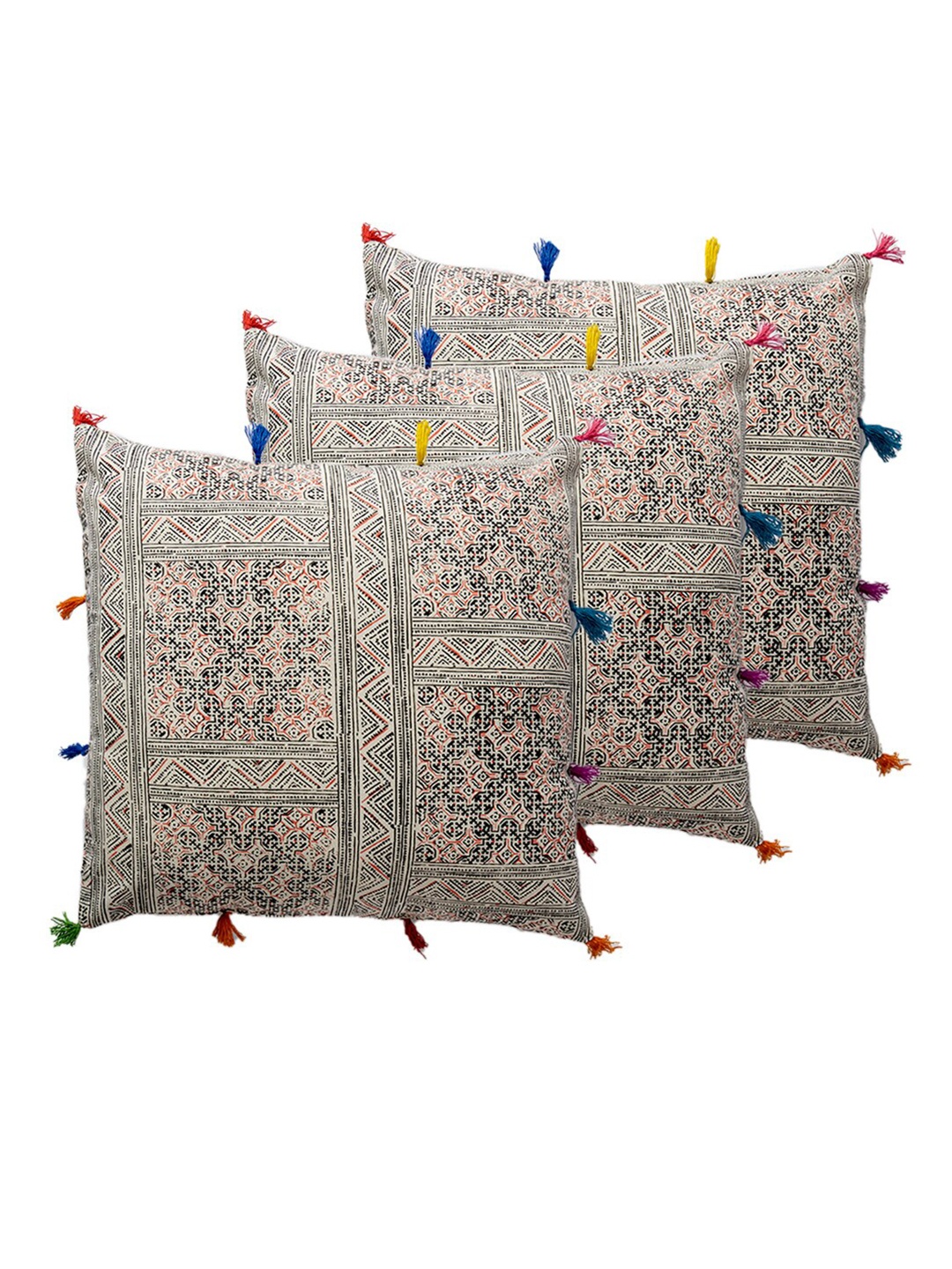 

Contrast Living Beige & Black 3 Pieces Ethnic Motifs Square Cotton Cushion Covers