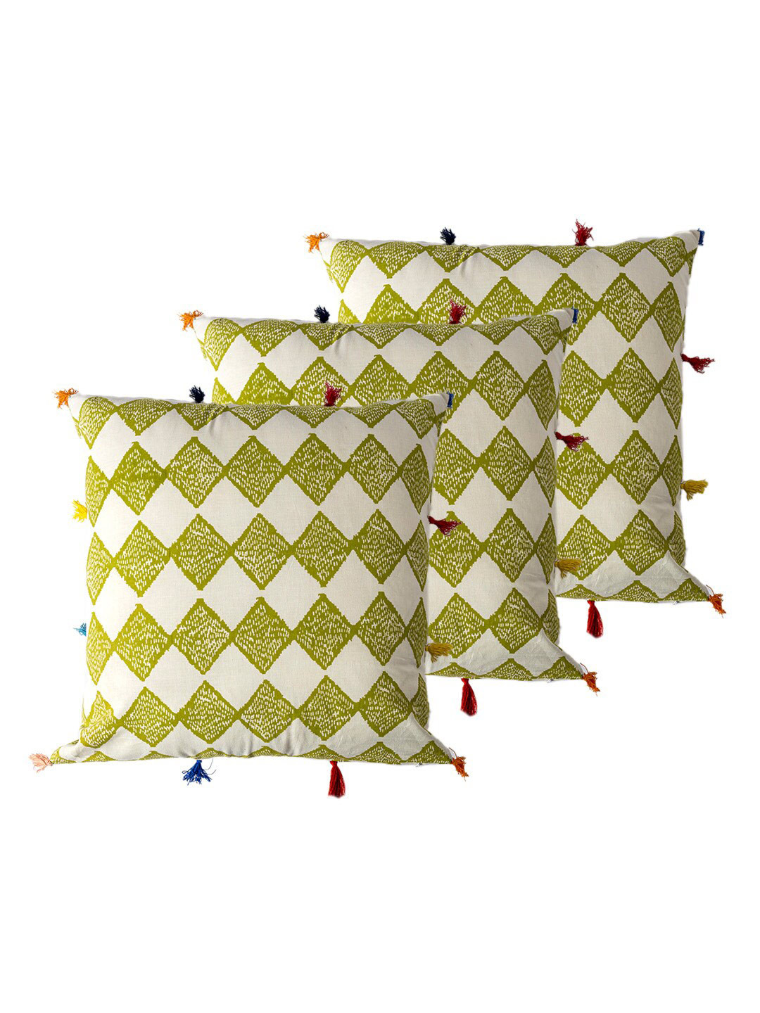

Contrast Living White & Green 3 Pieces Geometric Square Cotton Cushion Covers