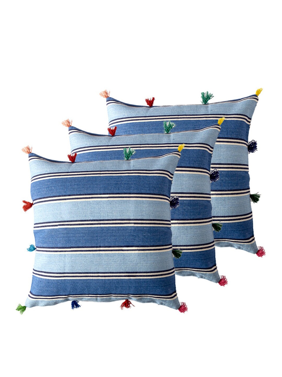 

Contrast Living Blue & White 3 Pieces Striped Square Cotton Cushion Covers