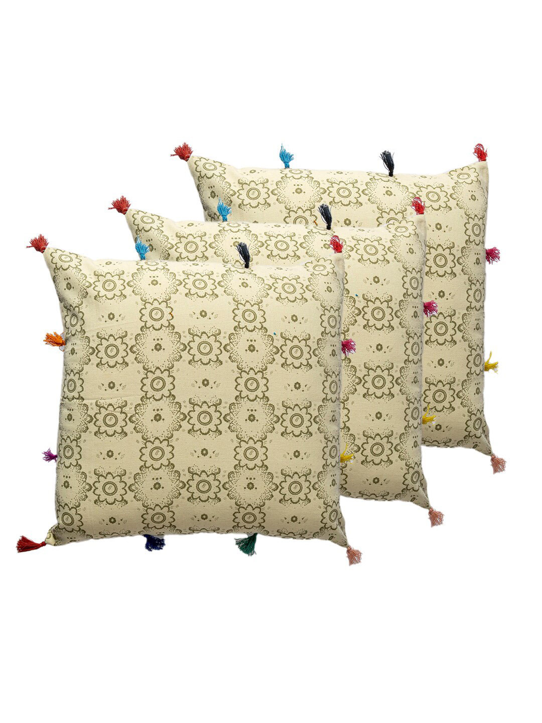 

Contrast Living Cream-Coloured & Green 3 Pieces Floral Square Cotton Cushion Covers