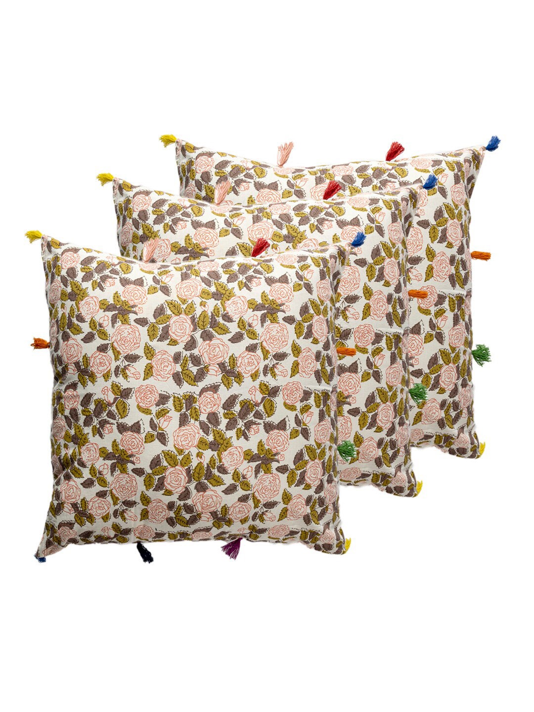 

Contrast Living White & Green 3 Pieces Floral Square Cotton Cushion Covers