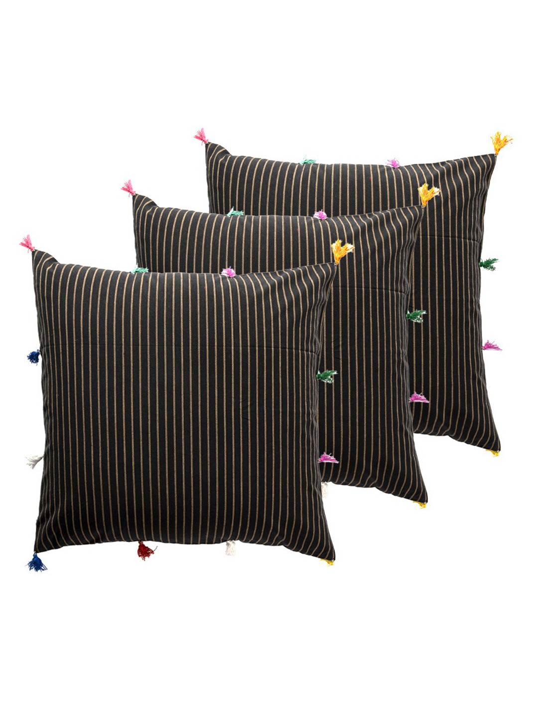 

Contrast Living Black & Cream-Coloured 3 Pieces Striped Square Cotton Cushion Covers