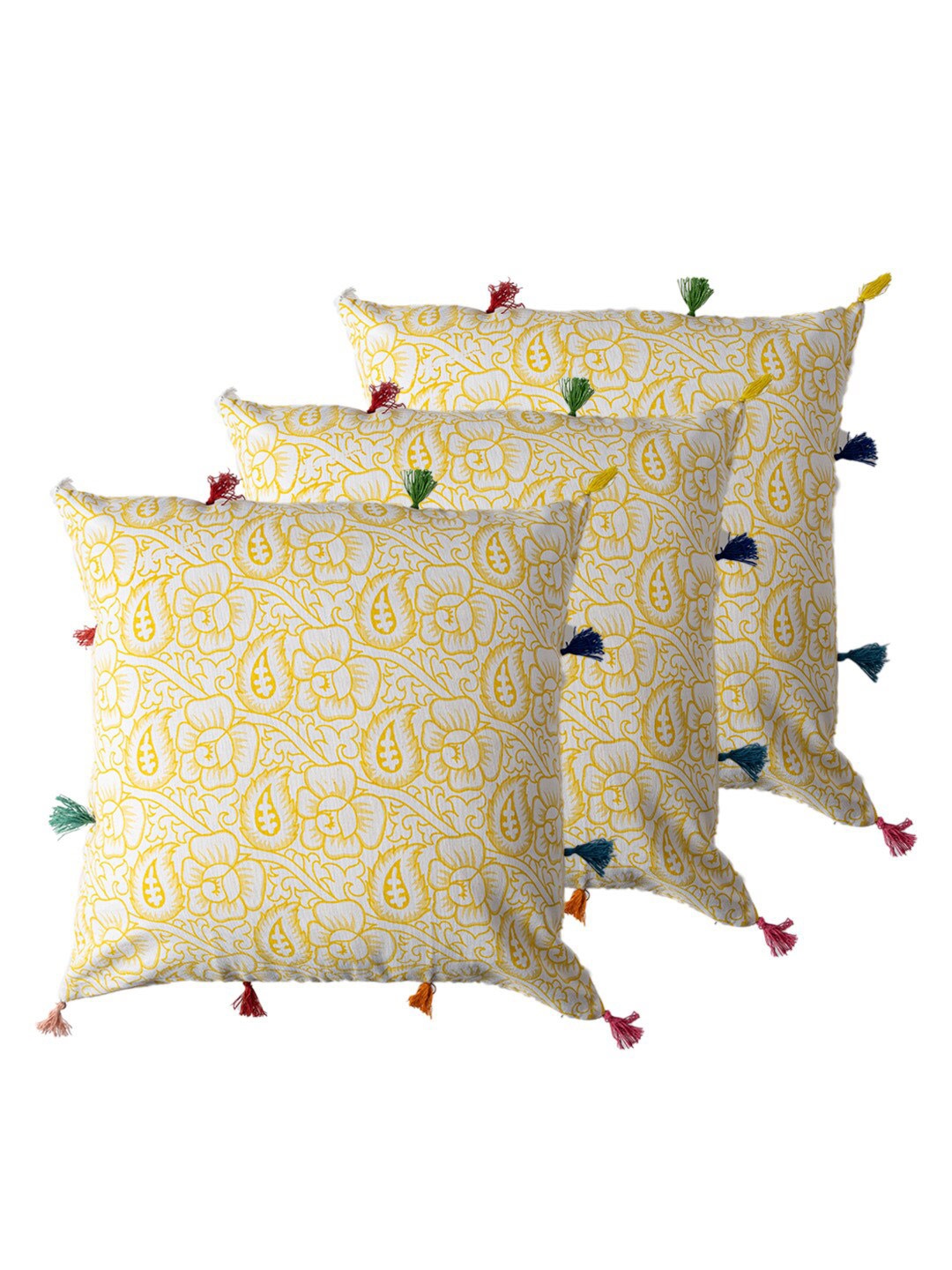 

Contrast Living Yellow & White 3 Pieces Ethnic Motifs Square Cotton Cushion Covers