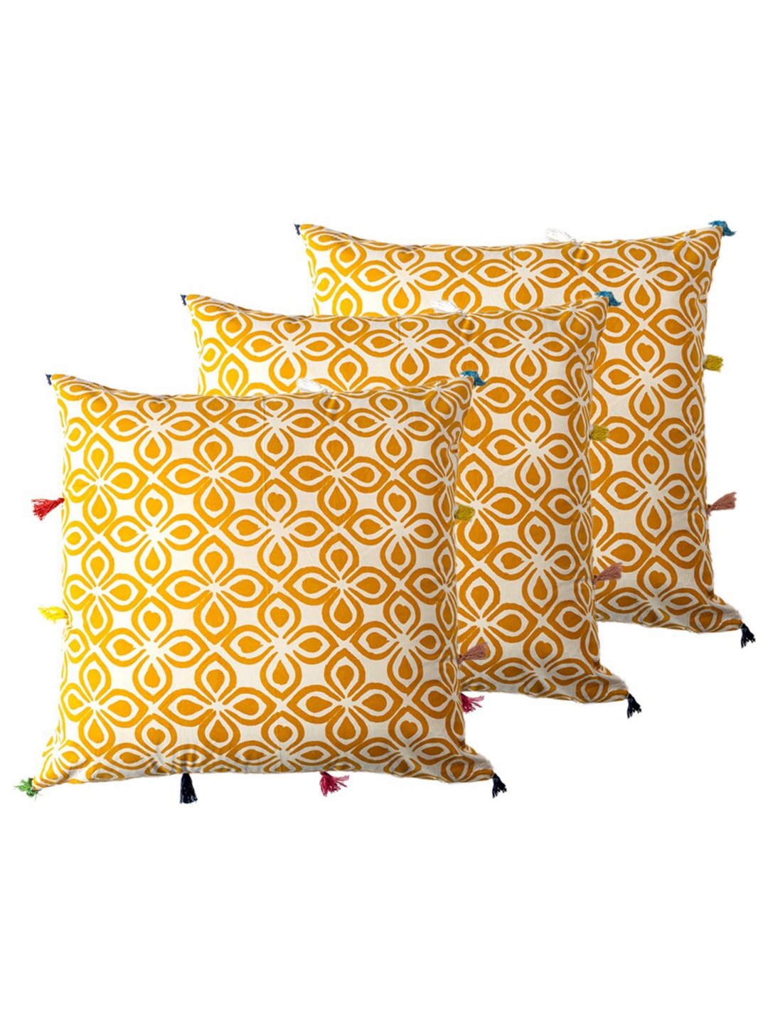 

Contrast Living Yellow & White 3 Pieces Floral Square Cotton Cushion Covers