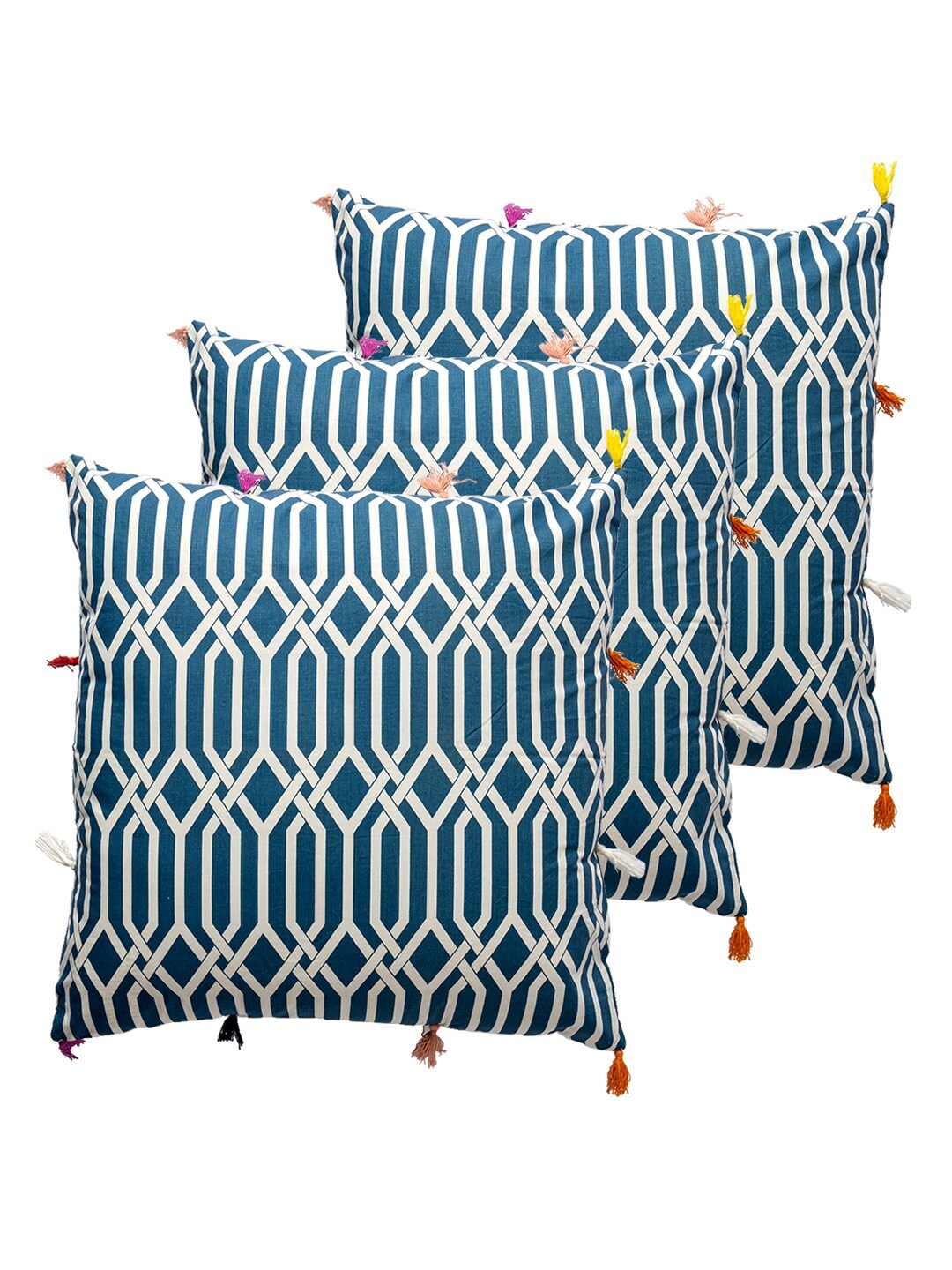 

Contrast Living Blue & White 3 Pieces Geometric Square Cotton Cushion Covers