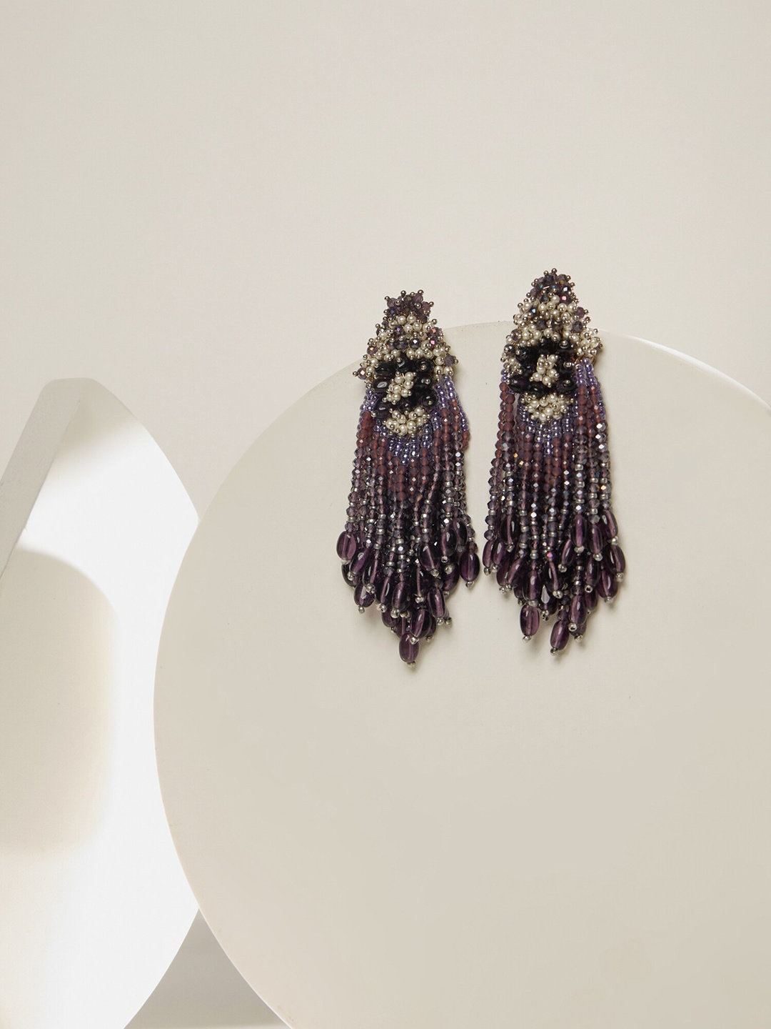 

D'oro Gold-Plated Beaded Tasseled Contemporary Drop Earrings, Purple