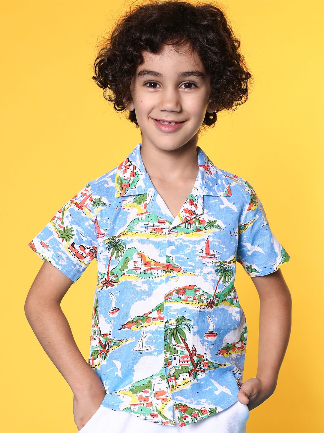 

Nauti Nati Boys Standard Tropical Printed Pure Cotton Shirt, Blue