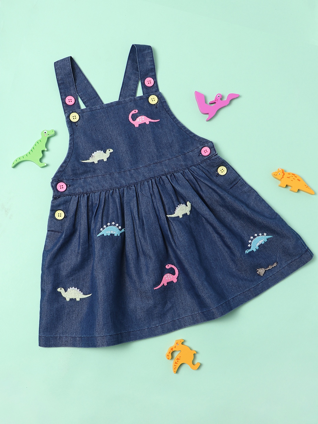 

Nauti Nati Girls Conversational Embroidered Cotton Denim Pinafore Dress, Navy blue