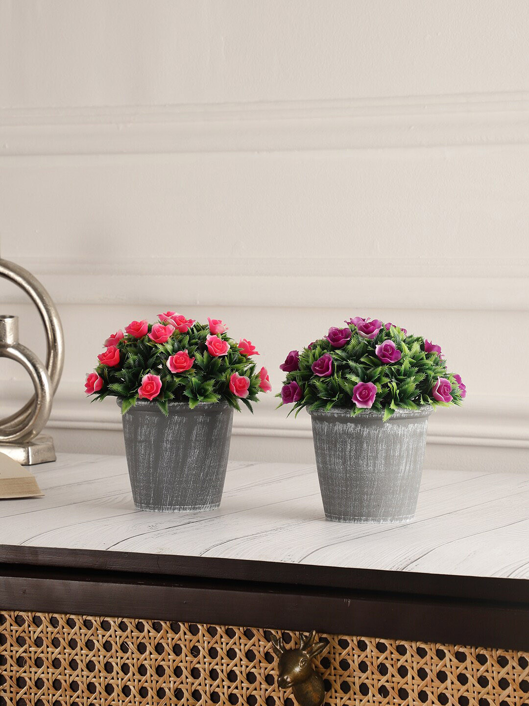 

FOLIYAJ Green & Red 2-Pcs Real Looking Artificial Rose Flowers With Pot