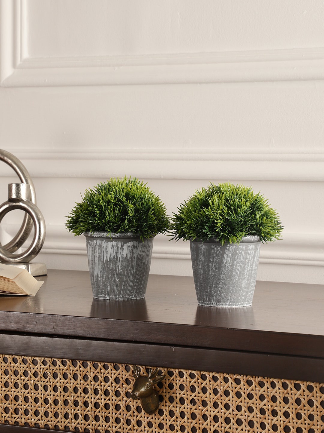 

FOLIYAJ 2-Pcs Green & White Thick leaves Artificial Plant With Pot