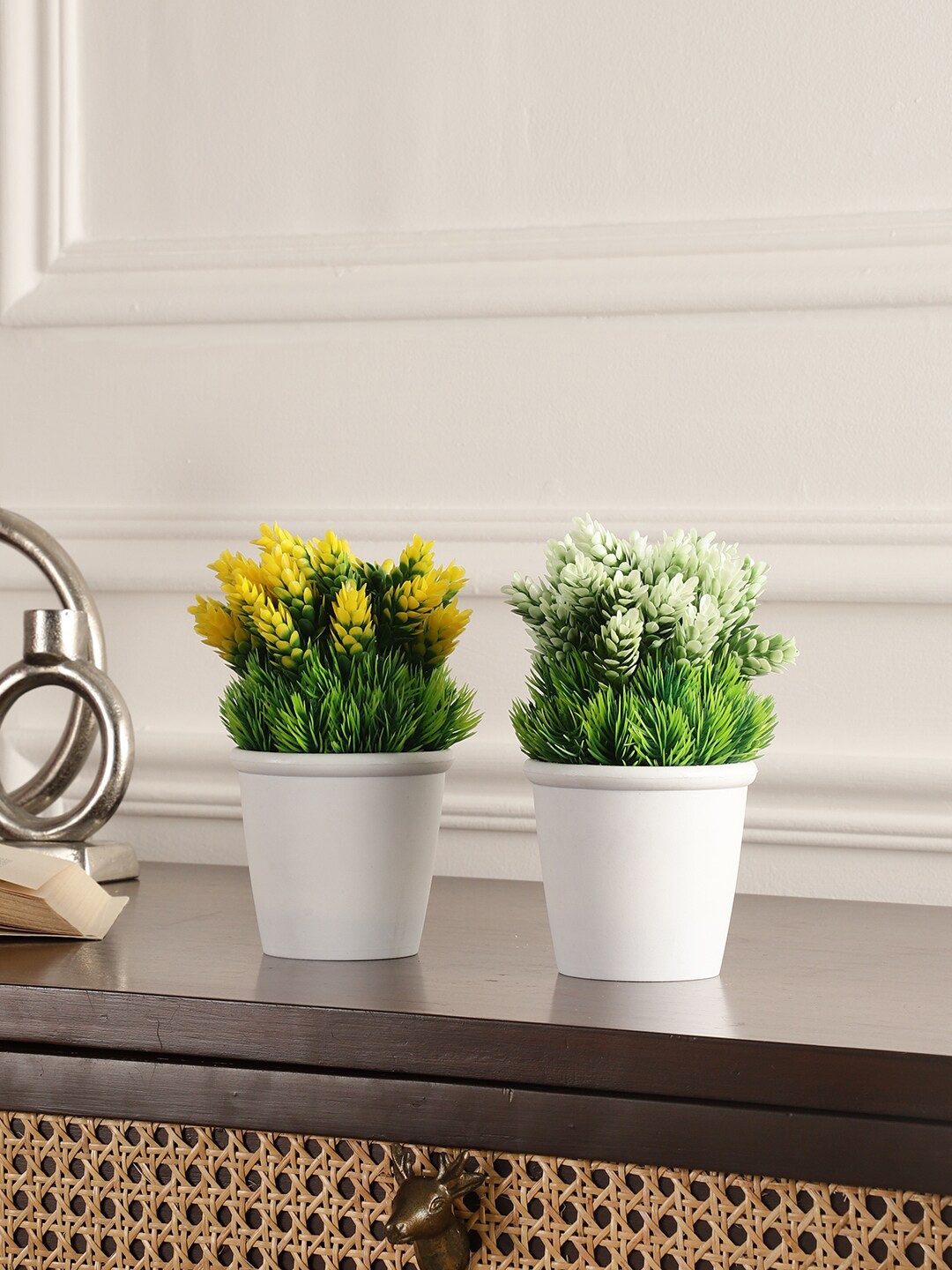 

FOLIYAJ White & Green 2-Pcs Real Looking Artificial Flower Plants With Pots