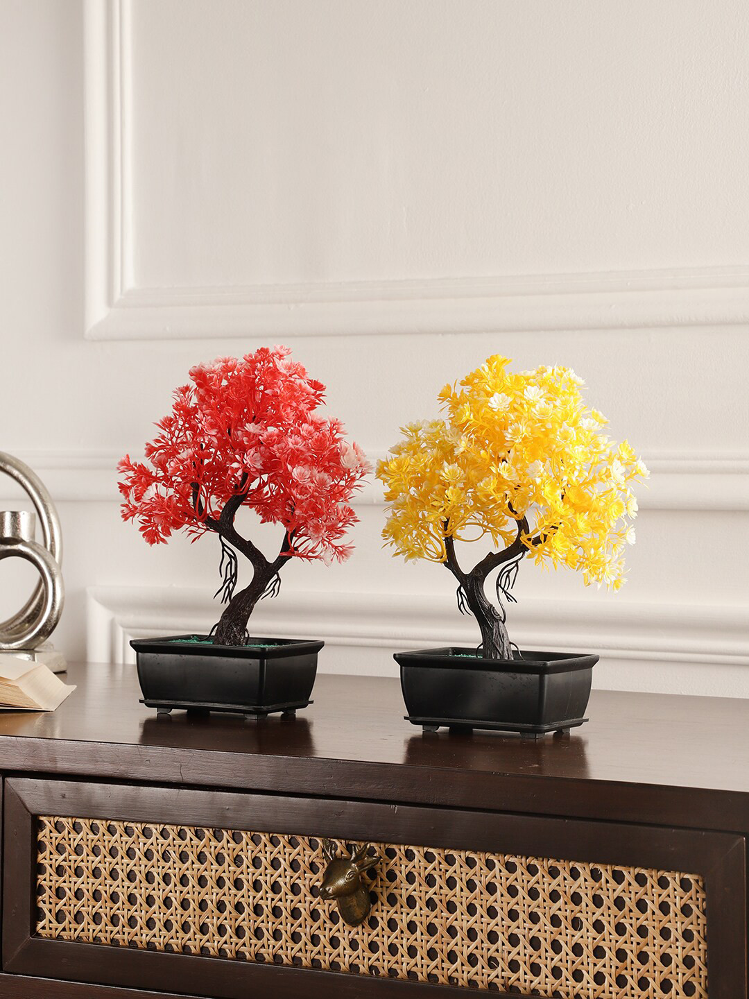 

FOLIYAJ Red & Yellow 2 Pcs Bonsai Trees Artificial Flowers and Plants With Pots