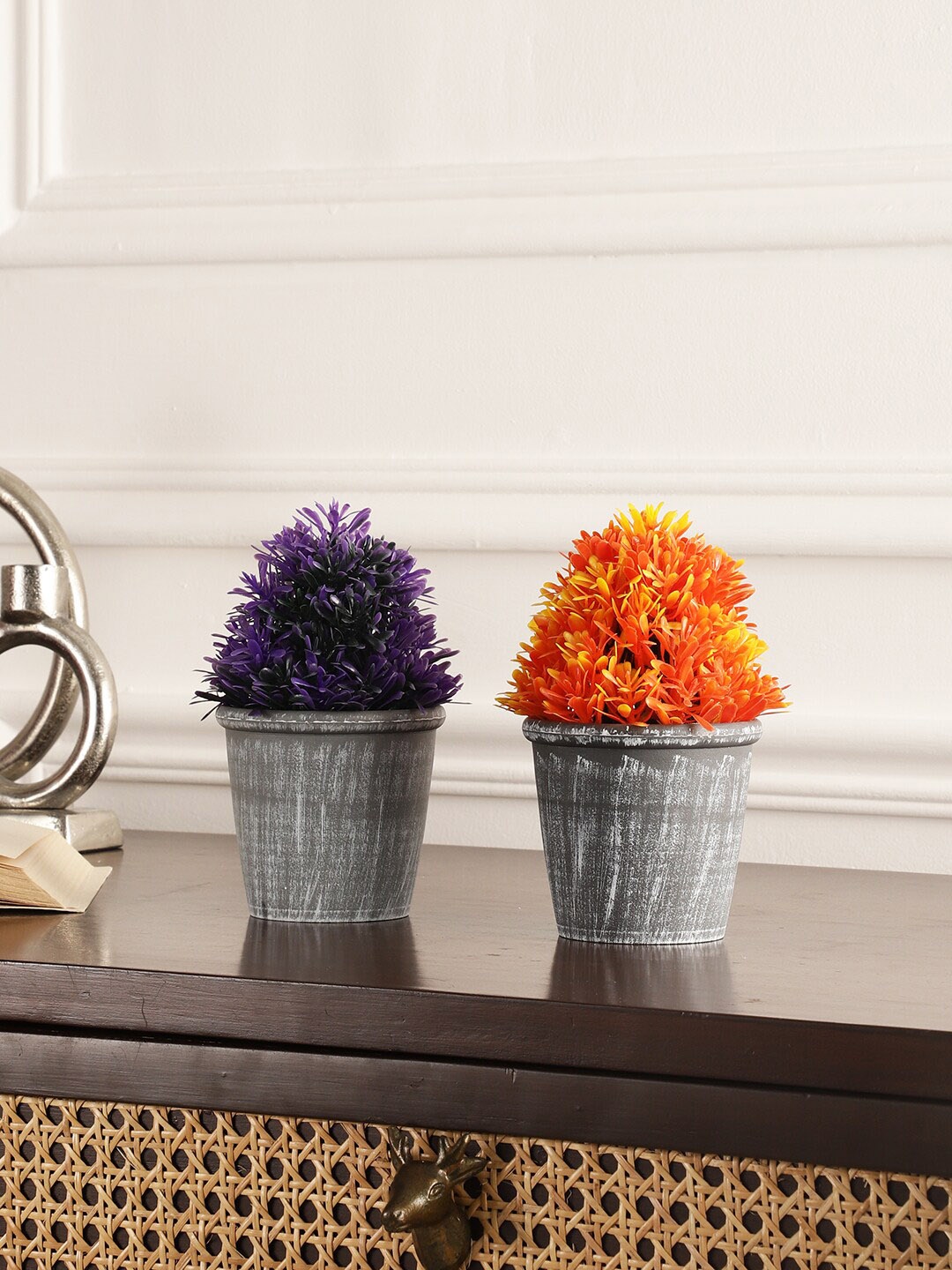 

FOLIYAJ Purple & Orange Coloured 2 Pieces Gerba Real Looking Artificial Plant With Pot
