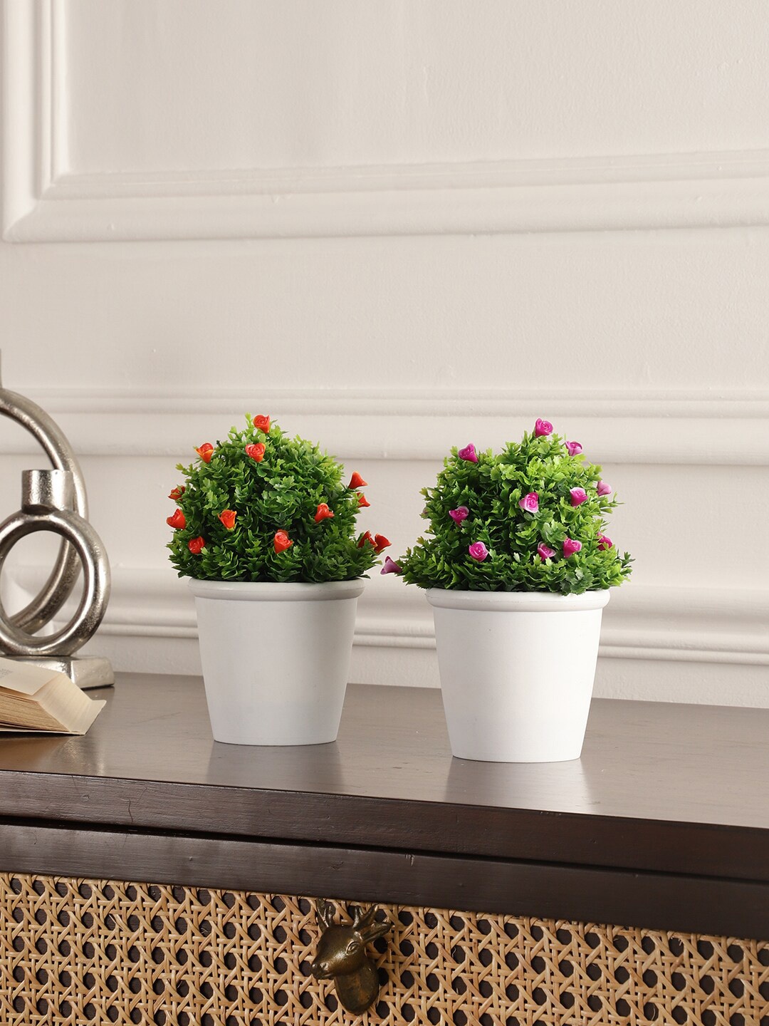 

FOLIYAJ Green & White 2 Pcs Real Looking Artificial Flowers & Plants With Pot