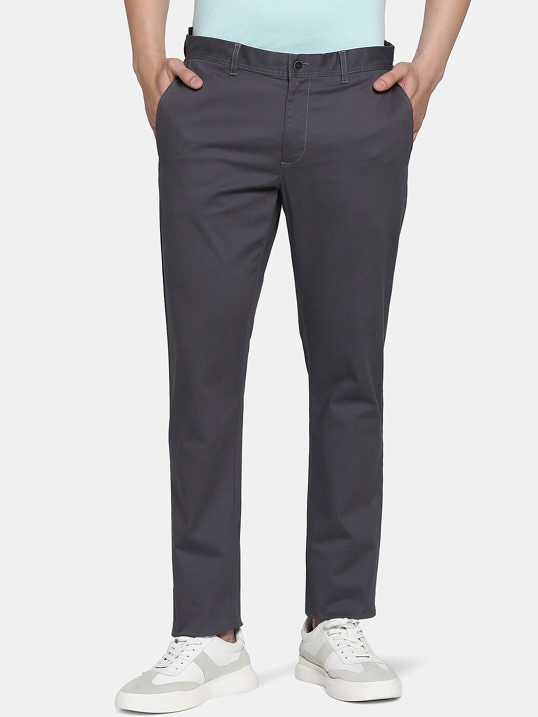 

Blackberrys Men Mid-Rise Slim Fit Cotton Plain Trousers, Charcoal