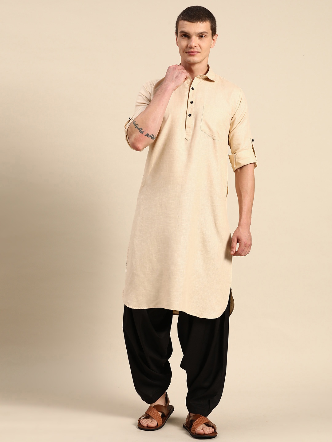 

RAJUBHAI HARGOVINDAS Solid Pathani Cotton Kurta, Beige