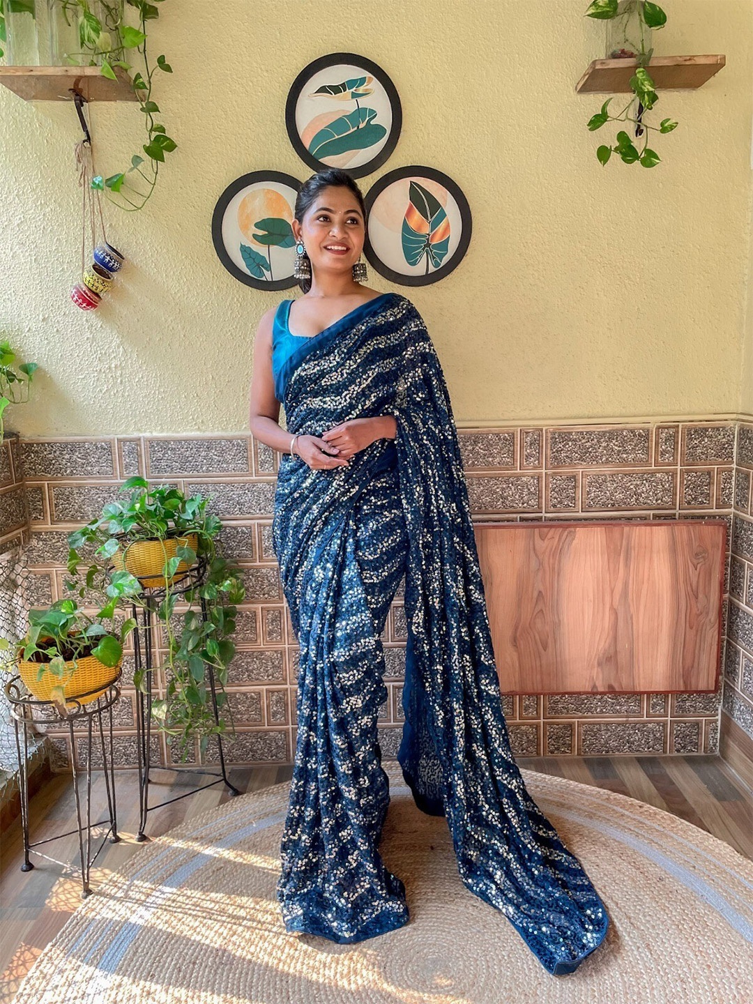

Mitera Embellished Sequinned Poly Georgette Saree, Teal
