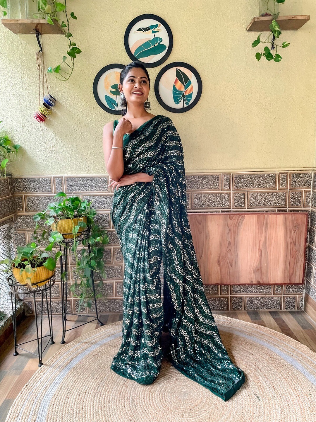 

Mitera Embellished Sequinned Poly Georgette Saree, Green