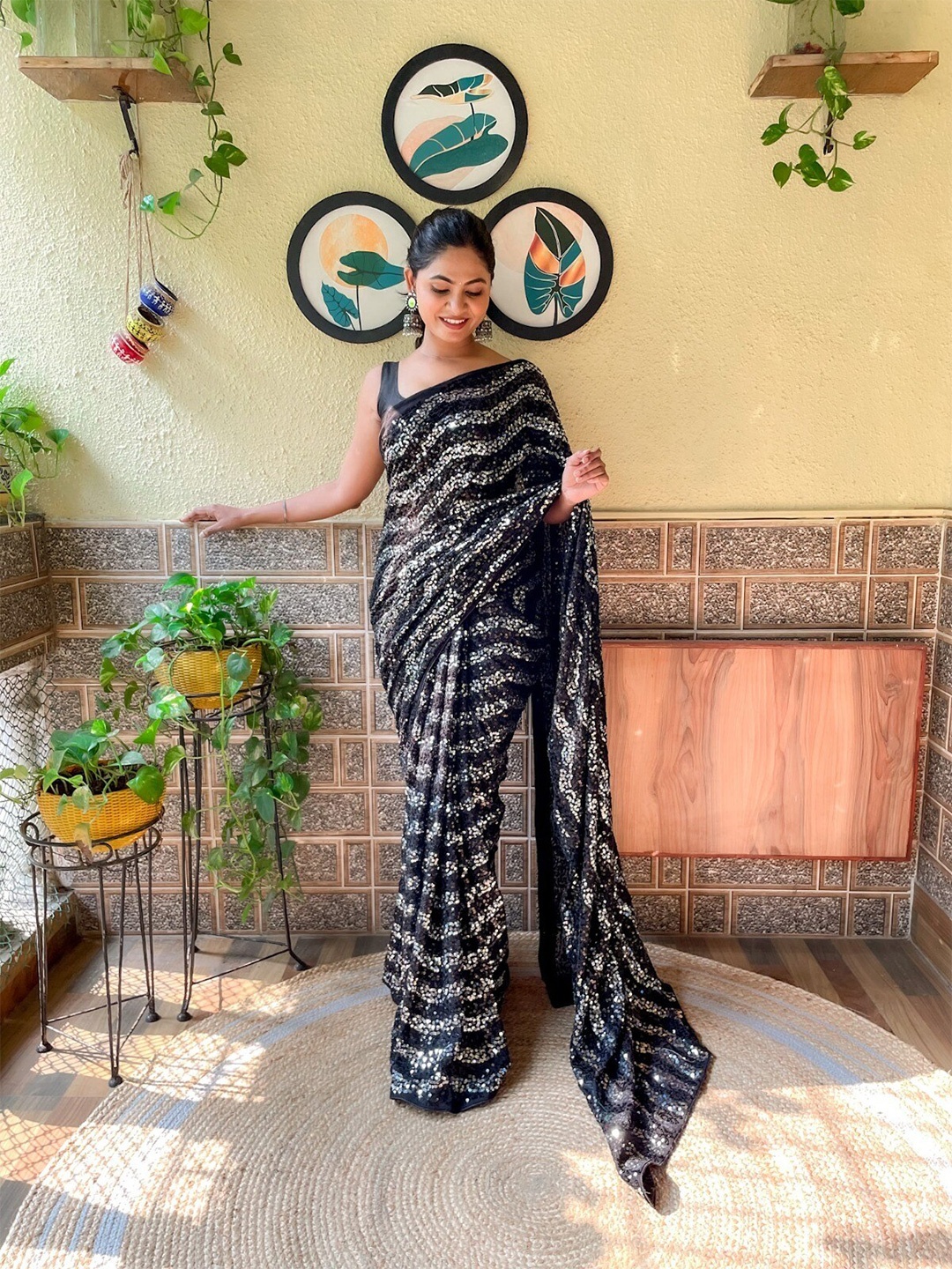 

Mitera Embellished Sequinned Poly Georgette Saree, Black