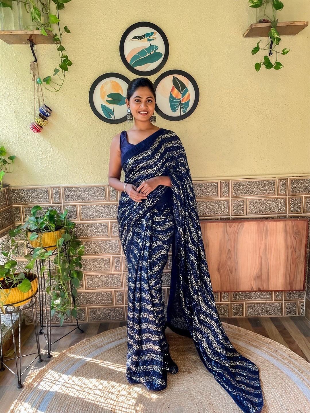 

Mitera Embellished Sequinned Poly Georgette Saree, Navy blue