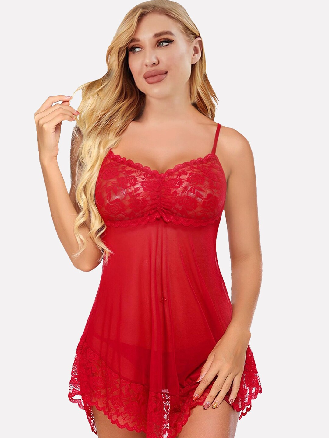 

FIMBUL Shoulder Straps Self Design Lace Baby Doll, Red