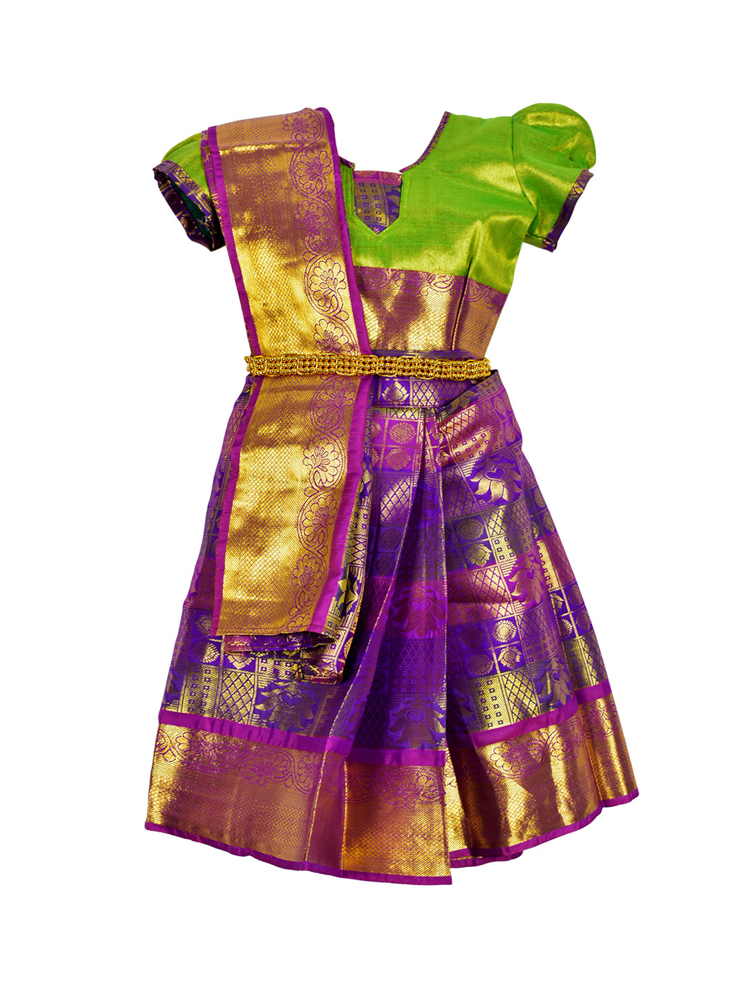 

AMIRTHA FASHION Girls Green & Purple Ready to Wear Lehenga & Blouse With Dupatta