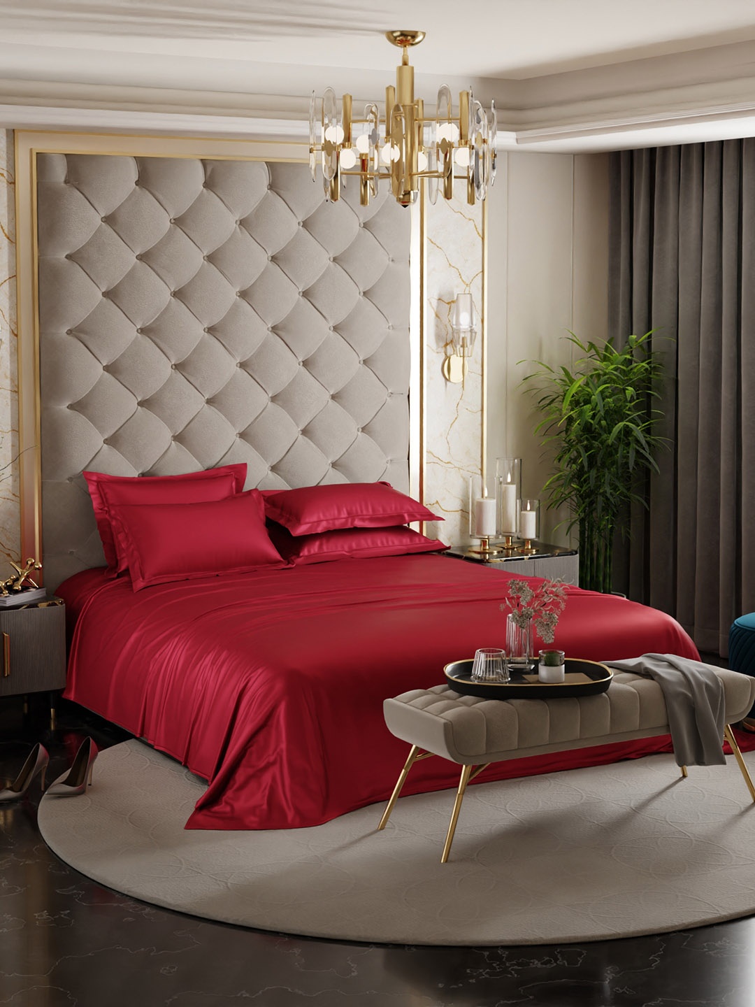 

Stoa Paris Date Night Red 300 TC Super King Satin Bedsheet With 4 Pillow Covers