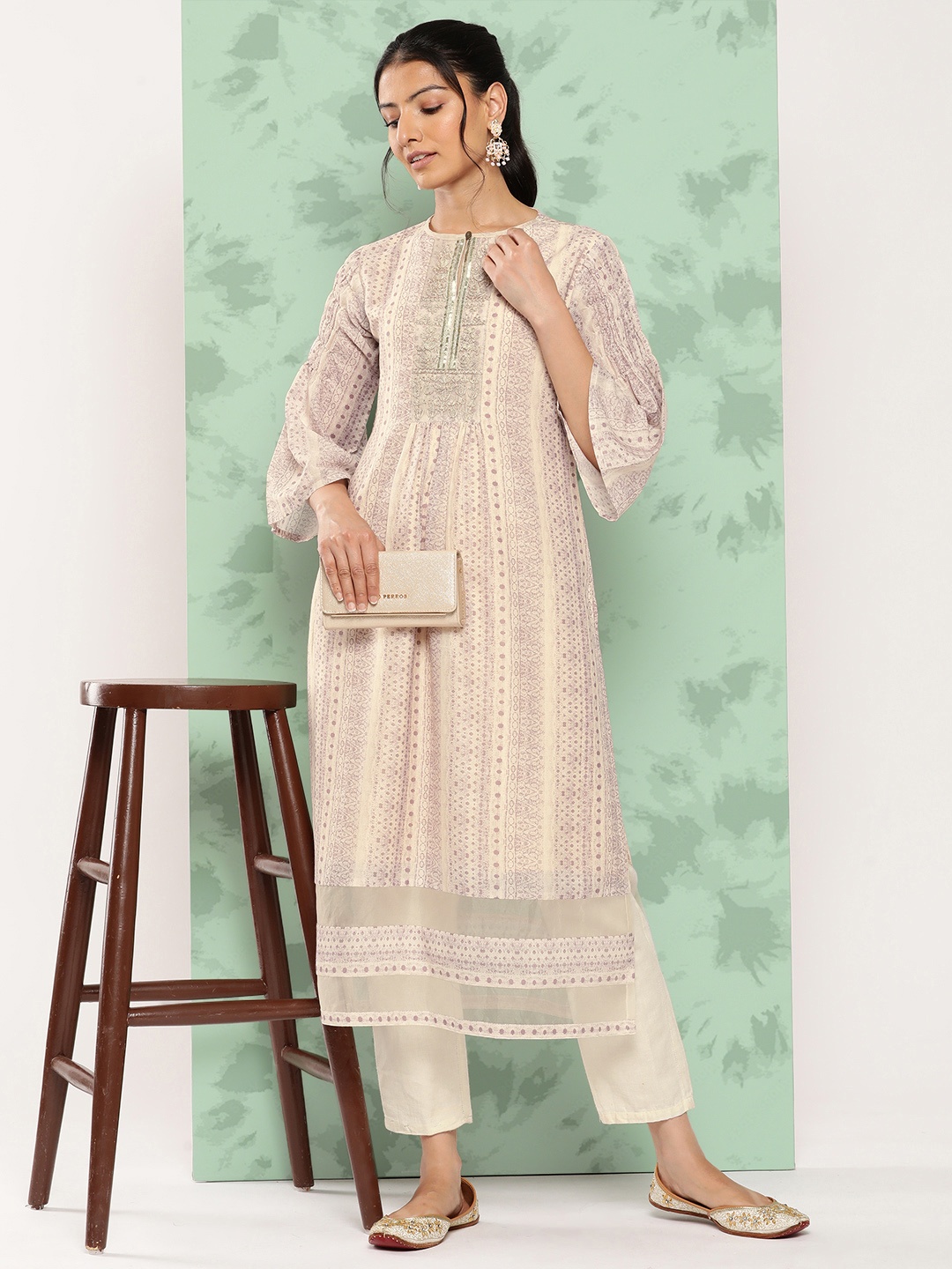 

Varanga Women Geometric Printed Flared Sleeves Sequinned Kurta, Beige