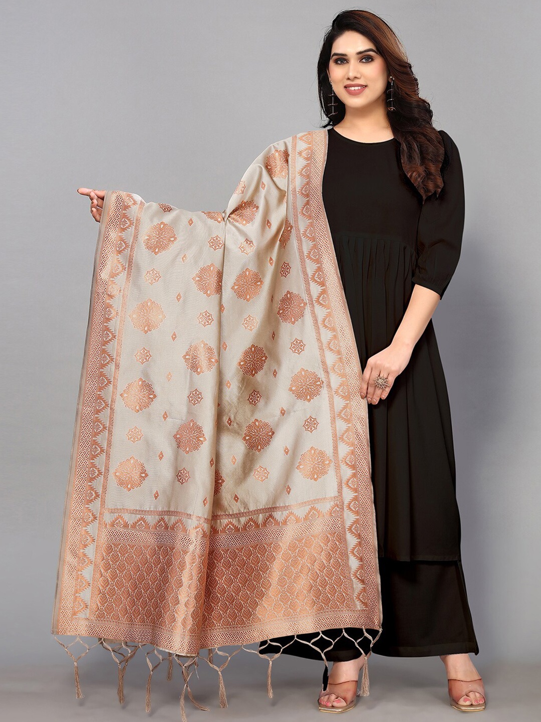 

Satrani Ethnic Motifs Woven Design Silk Blend Zari Dupatta, Brown