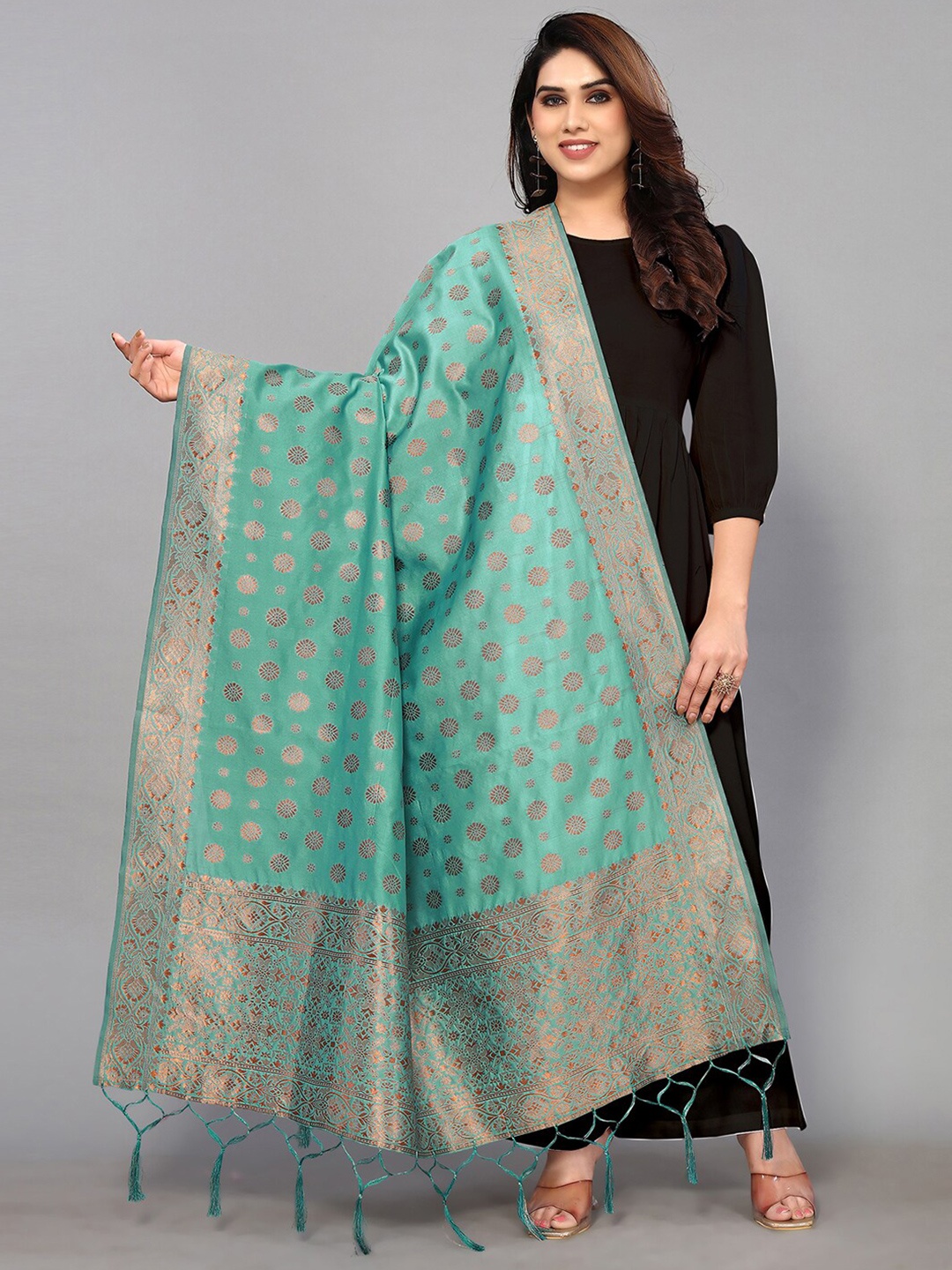 

Satrani Ethnic Motifs Woven Design Silk Blend Zari Dupatta, Sea green