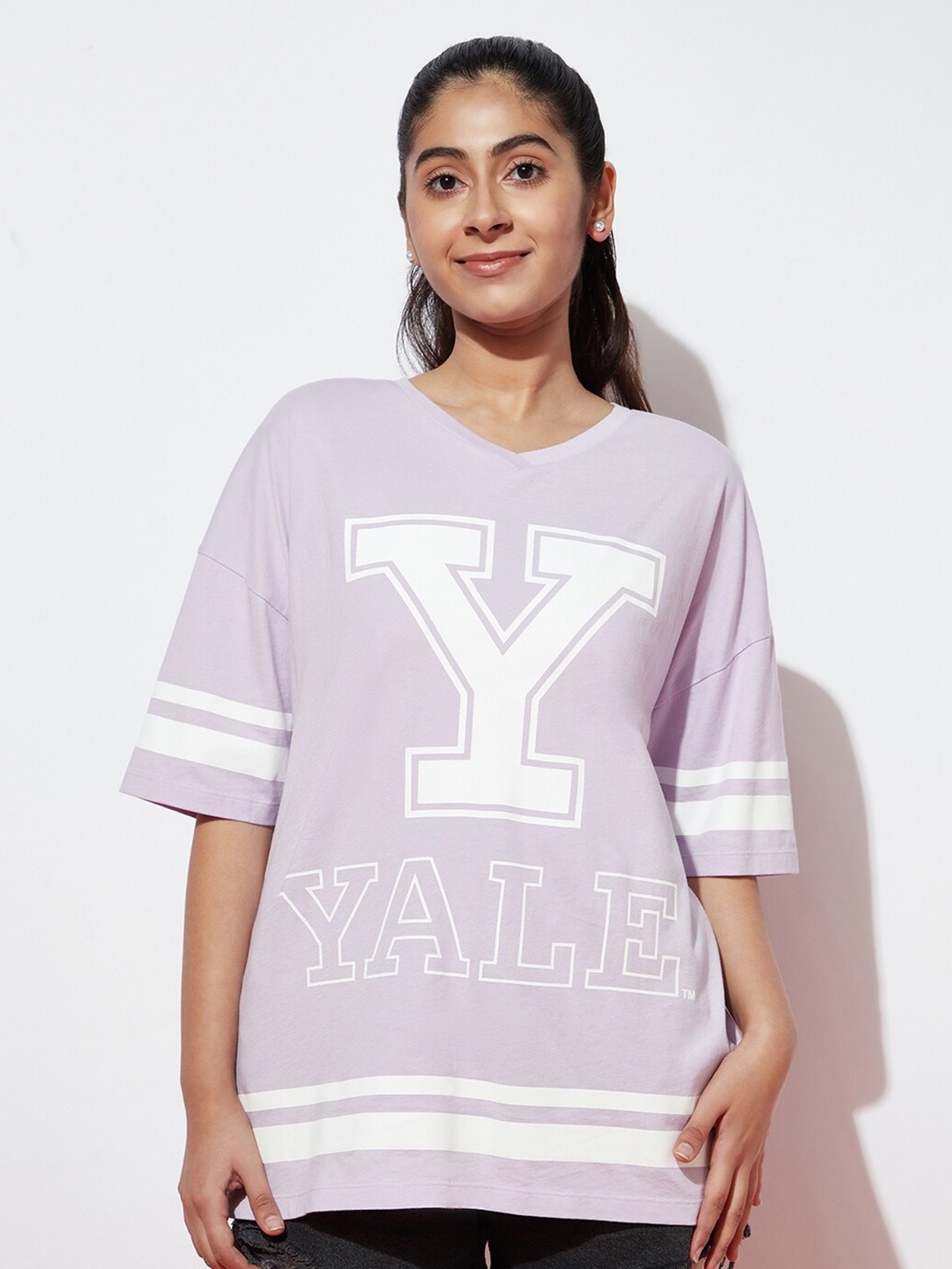 SPUNKIES Typography Printed Drop-Shoulder Longline Cotton Loose Fit T-shirt, Lavender