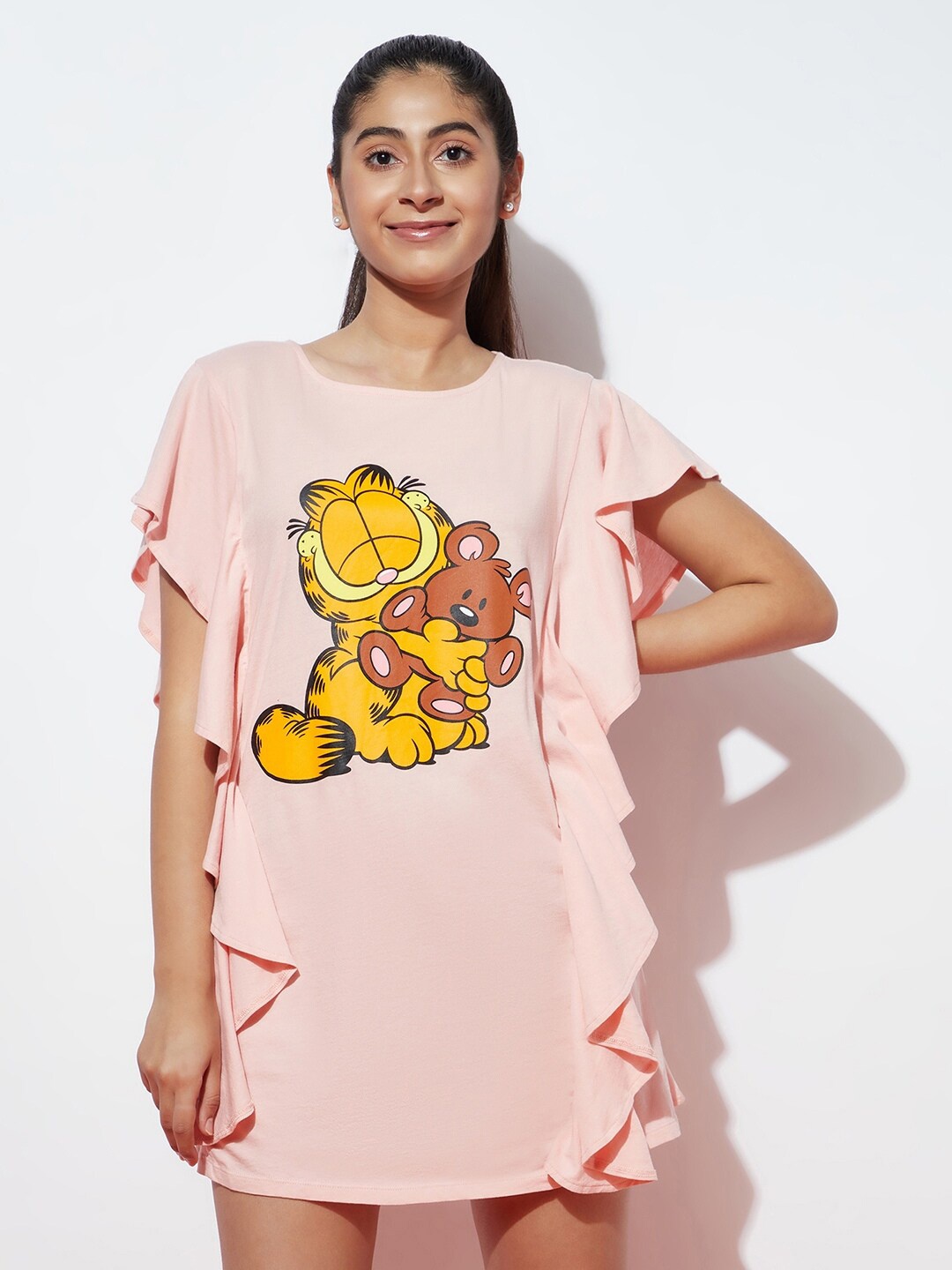 

SPUNKIES Teen Girls Cartoon Character Garfield Printed Ruffled Cotton T-shirt Dress, Peach