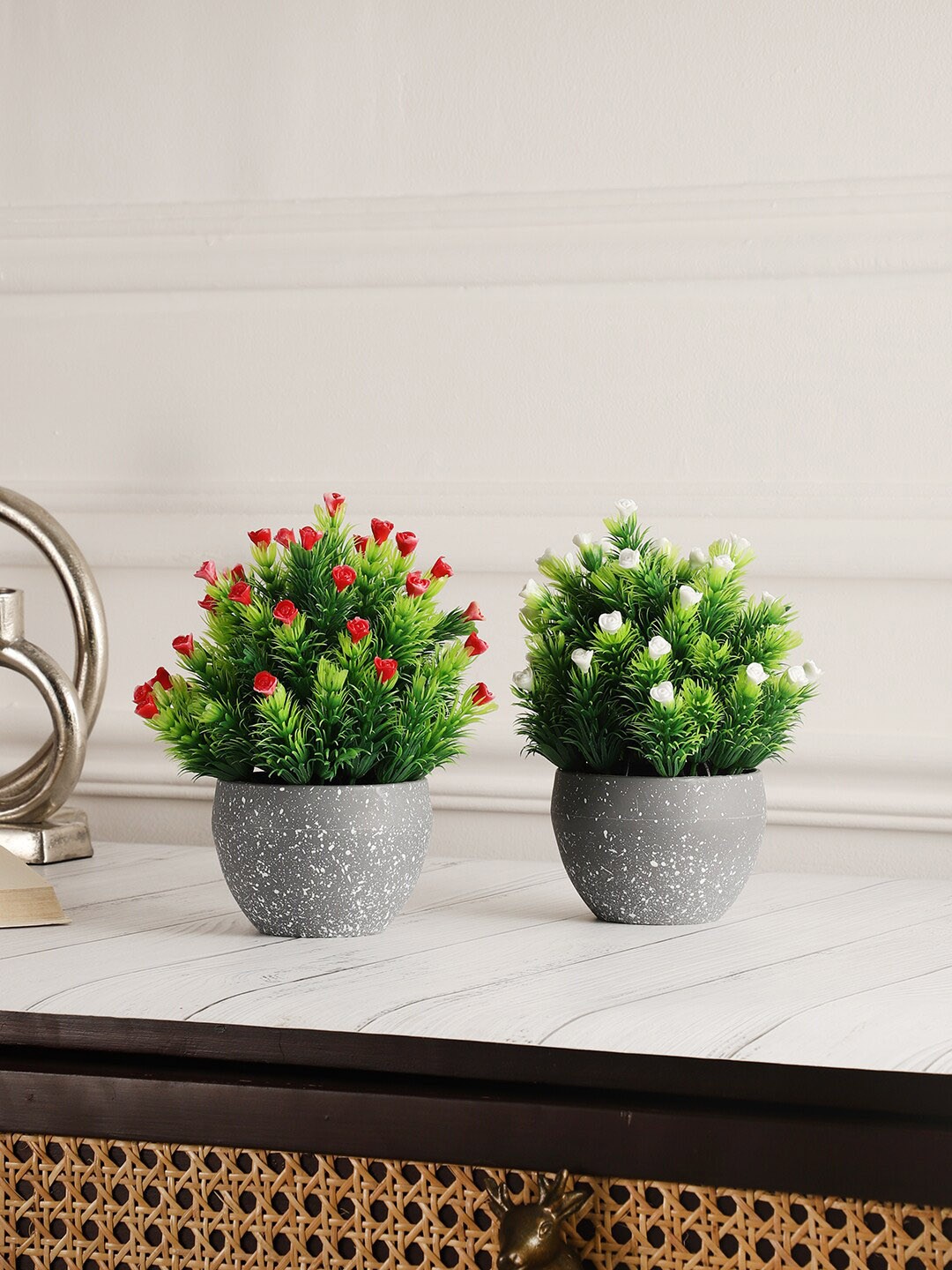 

FOLIYAJ Green & Grey 2 Pcs Artificial Flowers & Plants With Pots