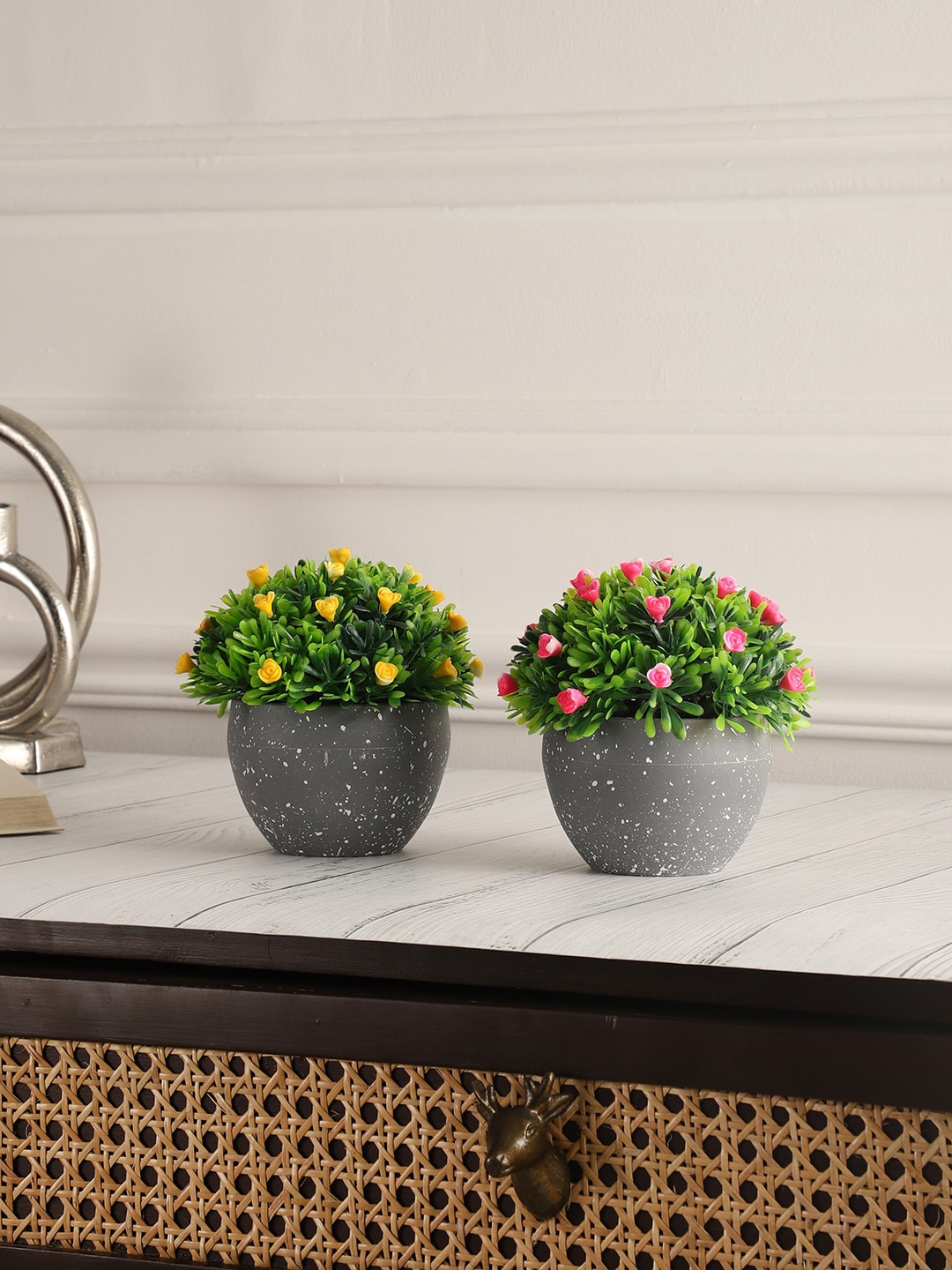 

FOLIYAJ Green & Yellow 2 Pcs Artificial Flowers With Pot