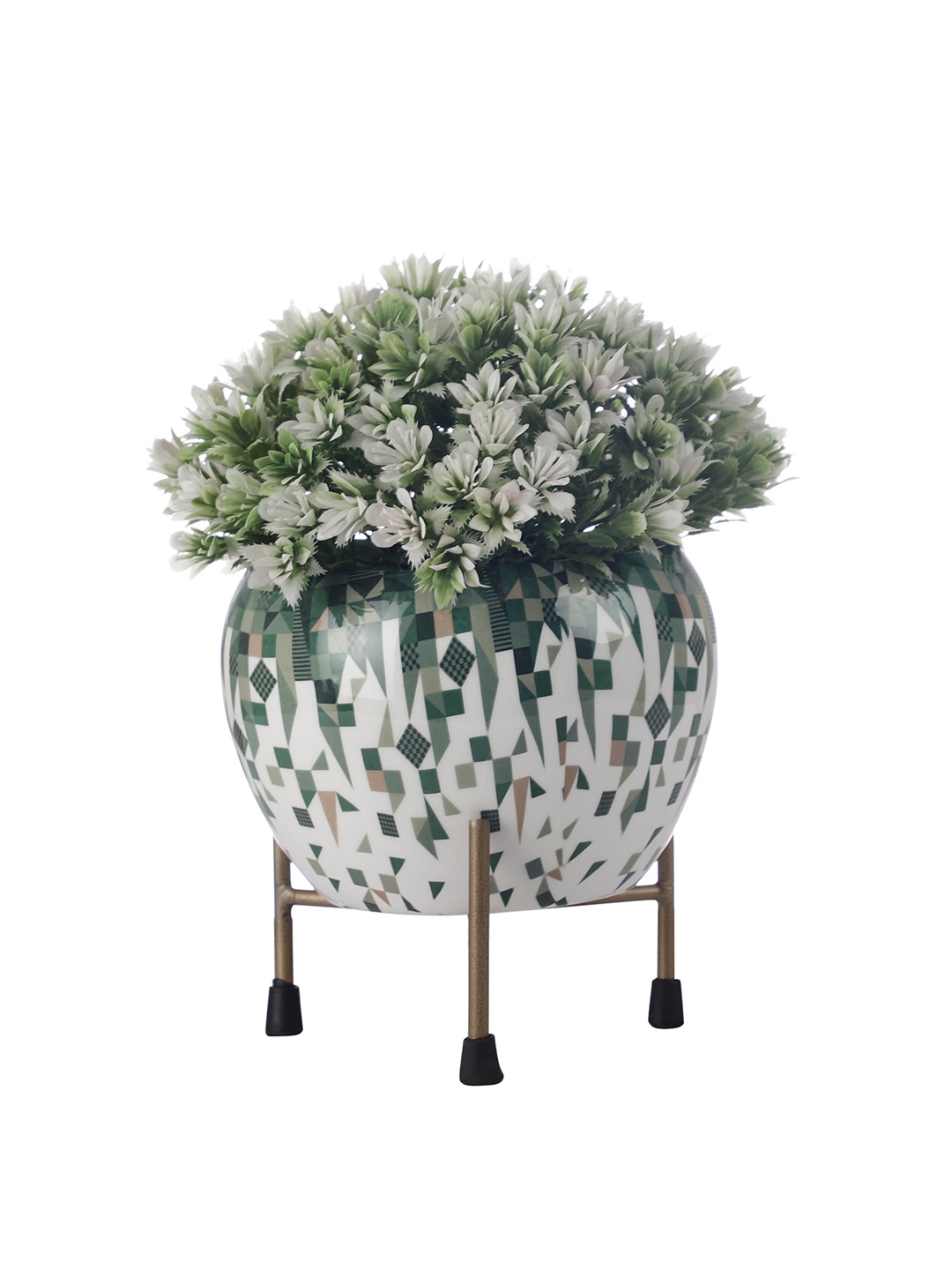 

FOLIYAJ White & Green Artificial Plant With Giometric Design Pot