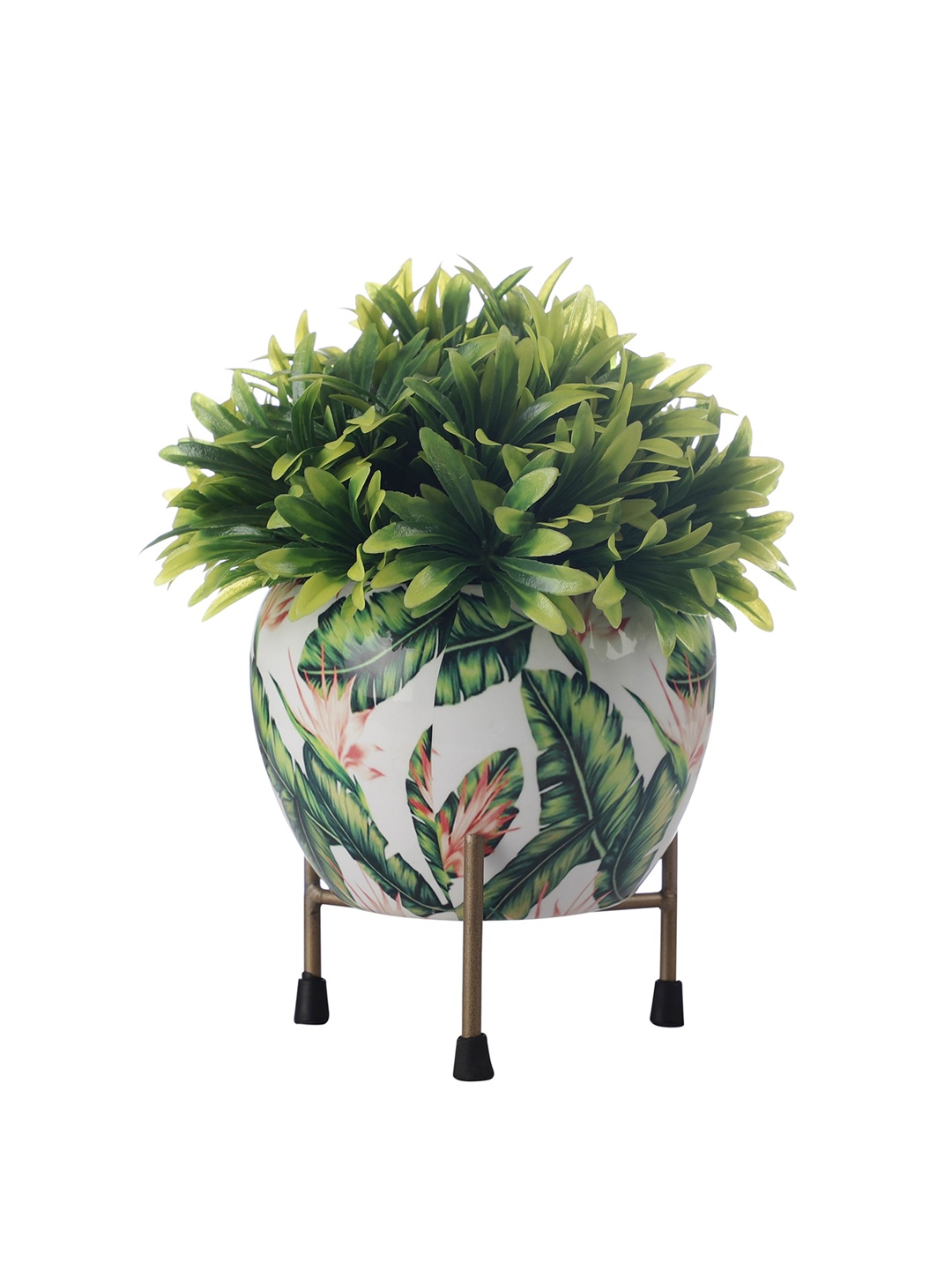 

FOLIYAJ Green & White Artificial Plant With Leaf Design Printed Pot With Stand