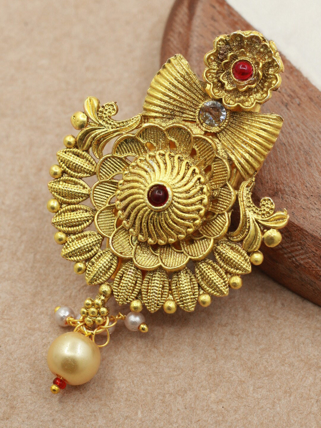 

SAIYONI Brass Stones-Studded Floral-Charm Saree Brooch, Gold