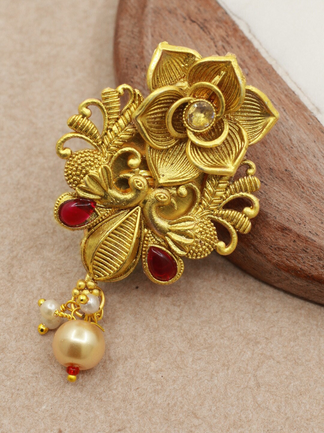 

SAIYONI Gold-Plated Stone Studded & Beaded Peacock Shape Antique Brooch