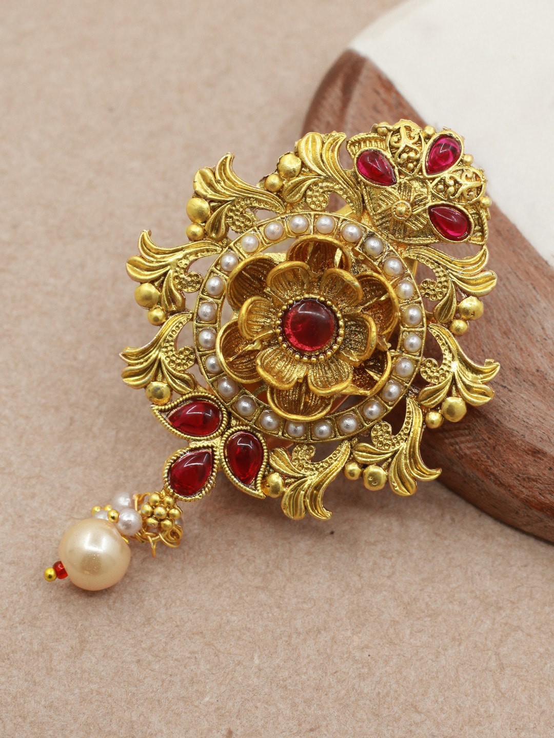 

SAIYONI Gold-Plated Stone Studded & Beaded Antique Brooch