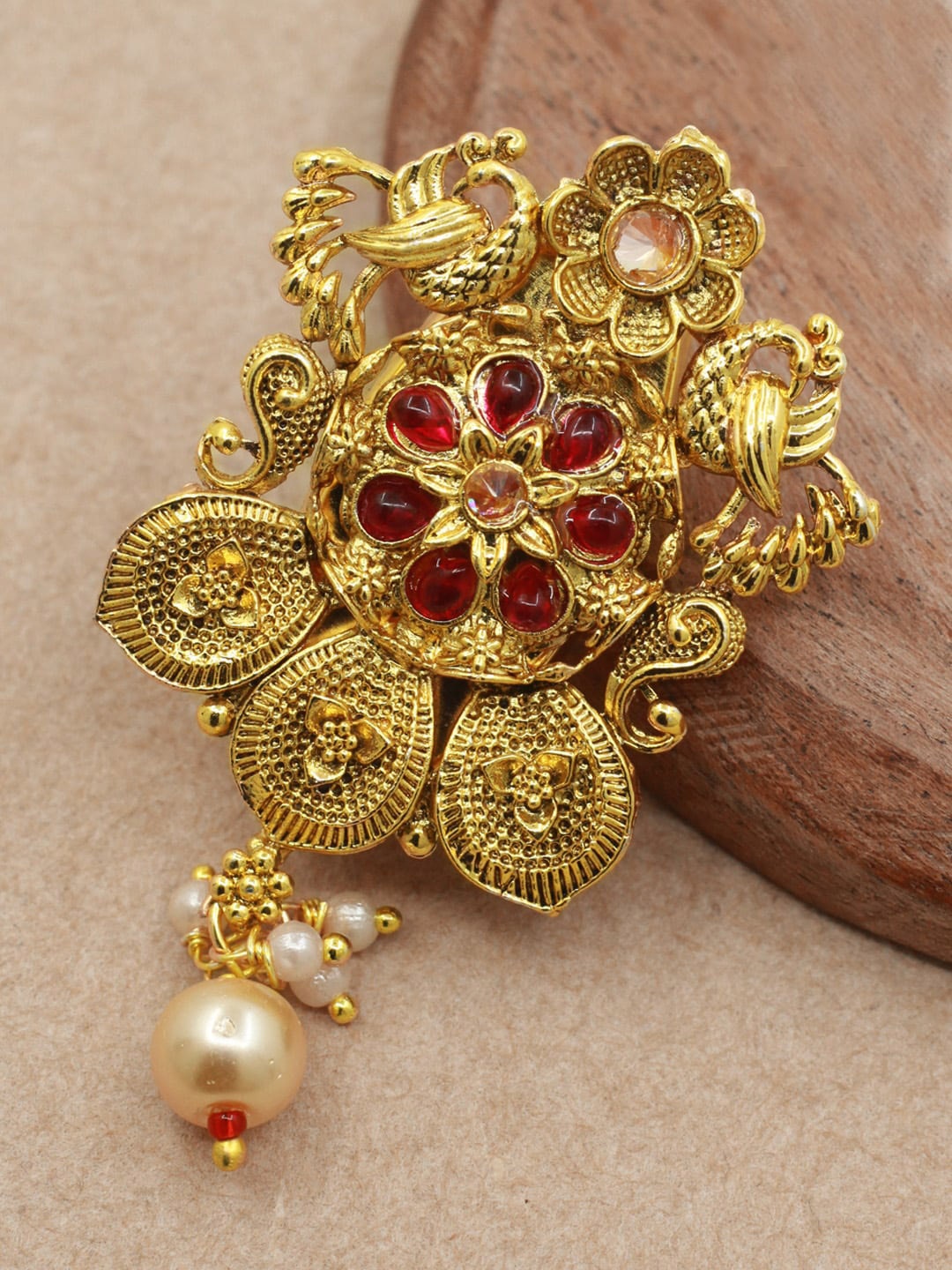 

SAIYONI Gold-Plated Stone-Studded & Beaded Peacock Shape Antique Saree Brooch