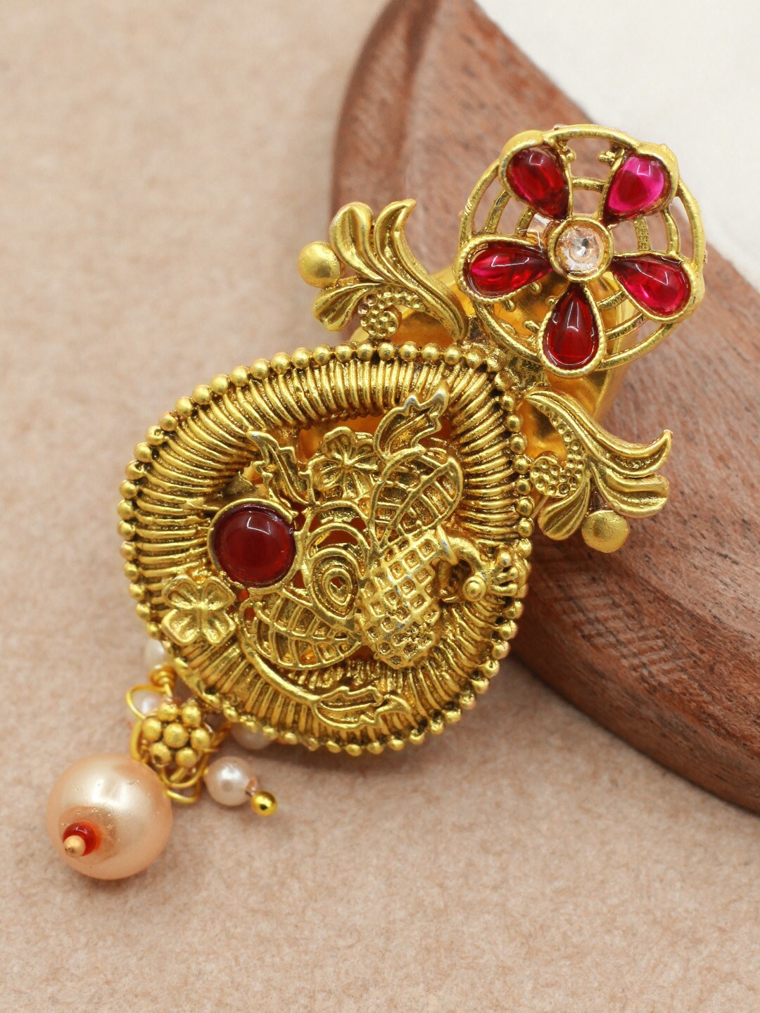

SAIYONI Gold-Plated Stone Studded & Beaded Peacock Shape Antique Brooch