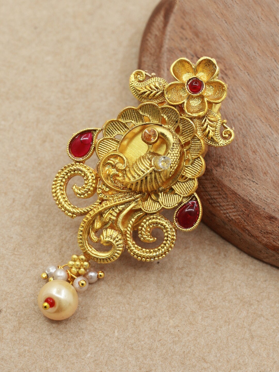 

SAIYONI Gold-Plated Stone Studded & Beaded Peacock Shape Antique Brooch